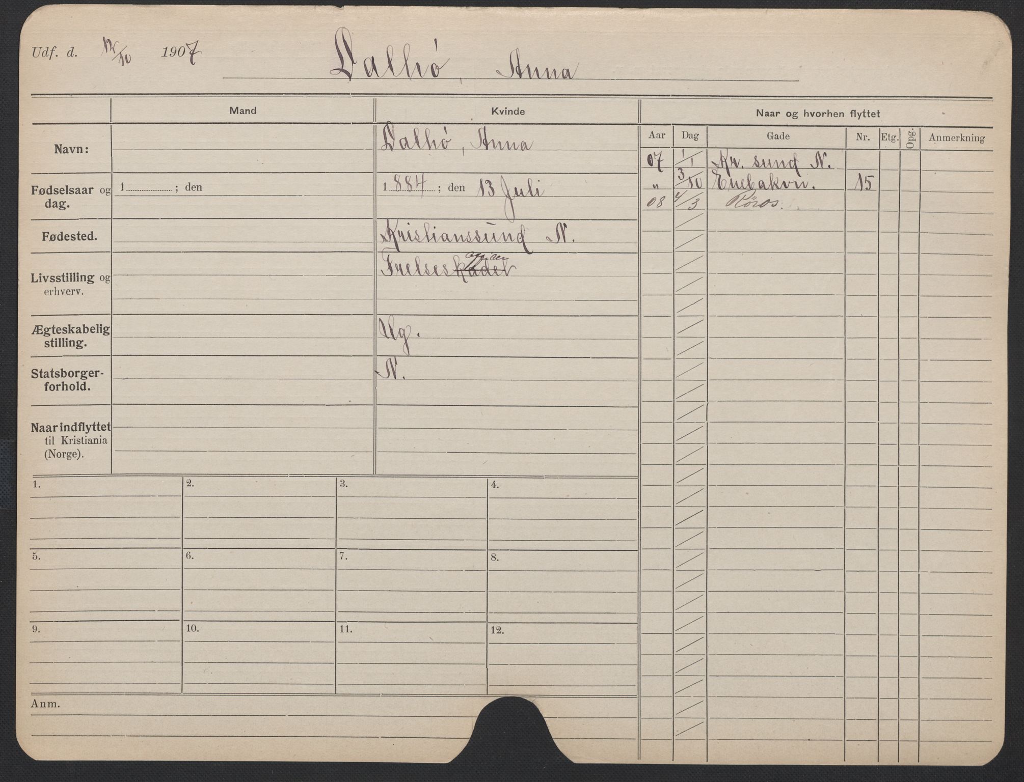 Oslo folkeregister, Registerkort, AV/SAO-A-11715/F/Fa/Fac/L0013: Kvinner, 1906-1914, s. 1174a