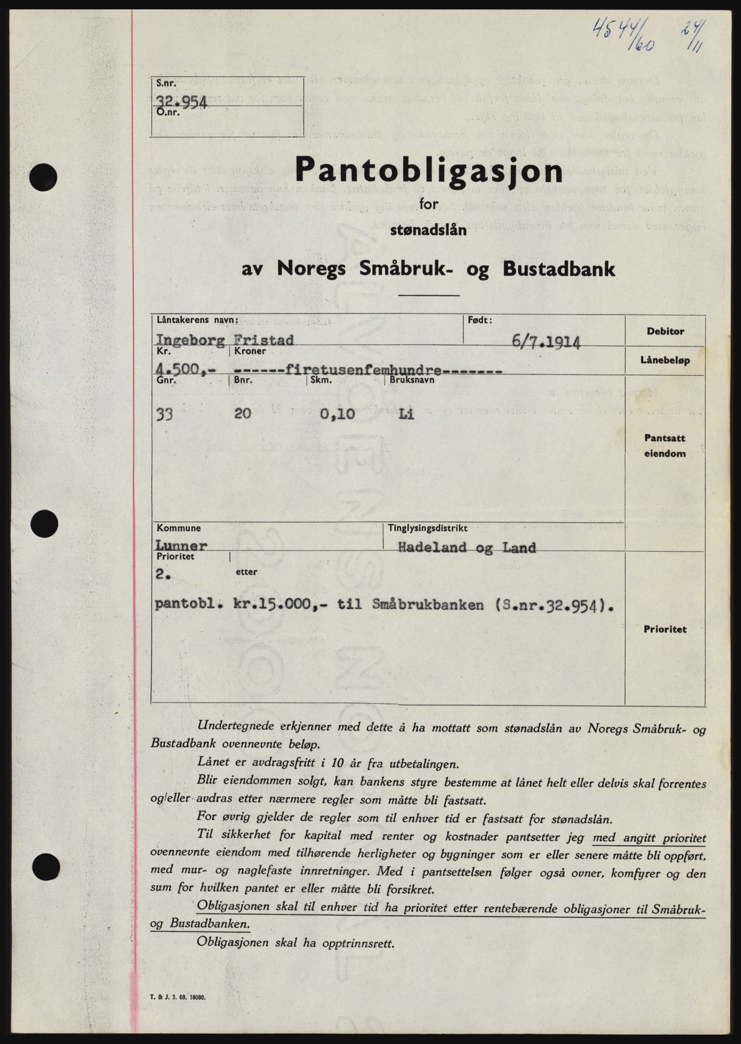 Hadeland og Land tingrett, SAH/TING-010/H/Hb/Hbc/L0044: Pantebok nr. B44, 1960-1961, Dagboknr: 4544/1960