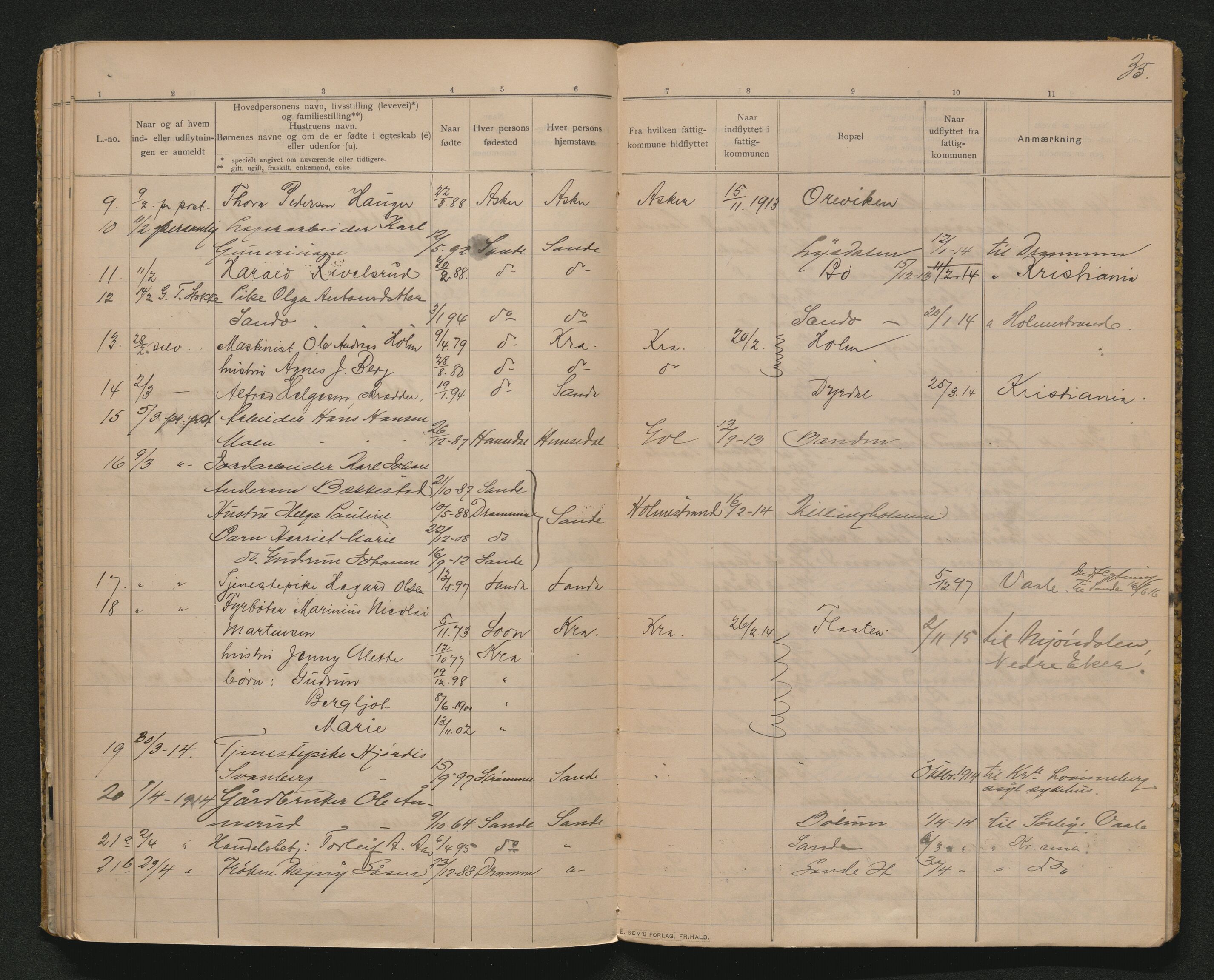 Sande lensmannskontor, AV/SAKO-A-546/O/Oc/L0002: Protokoll over inn- og utflyttede, 1909-1914, s. 34b-35a