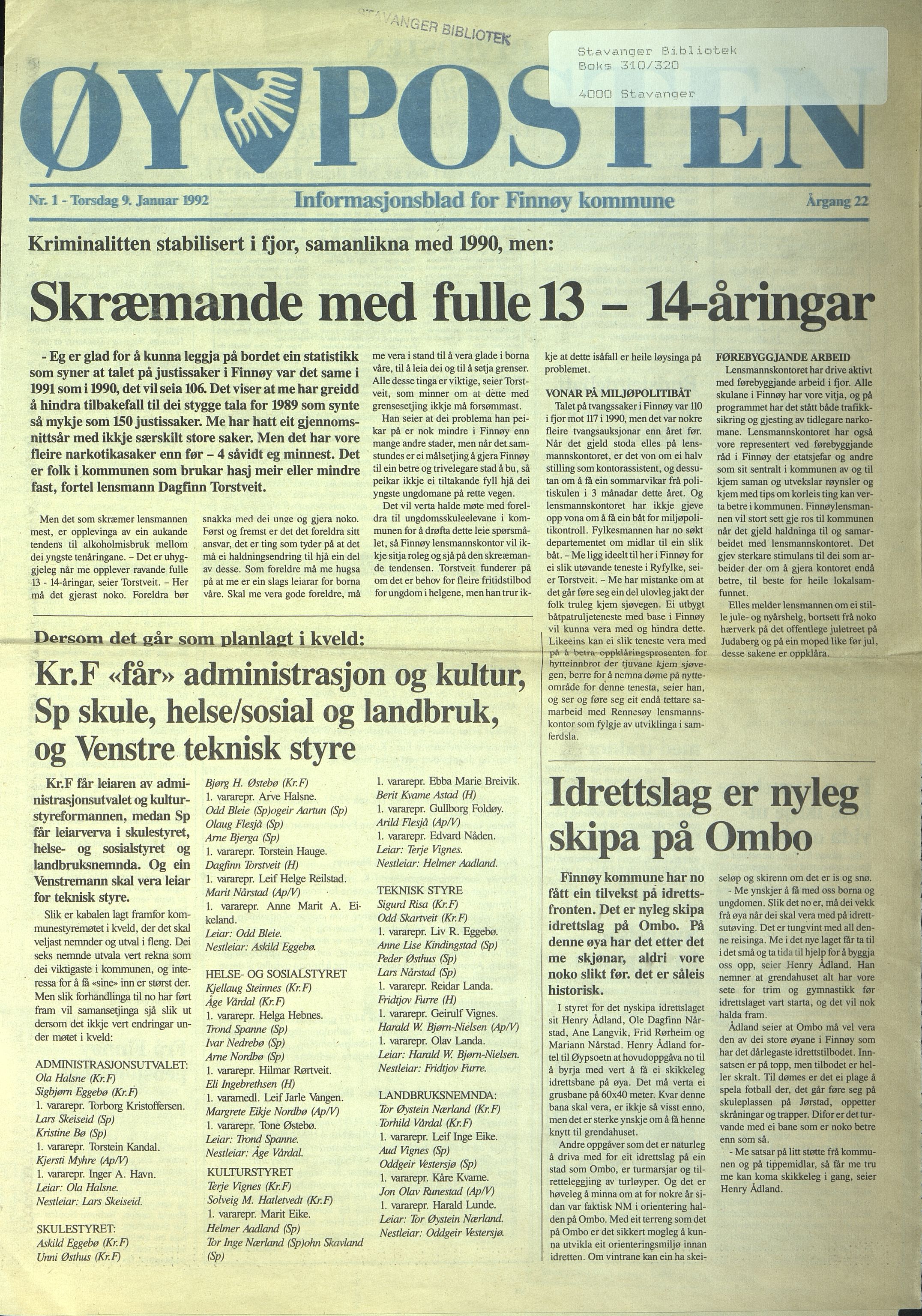 , Finnøy kommune, Øyposten, 1992, 1992