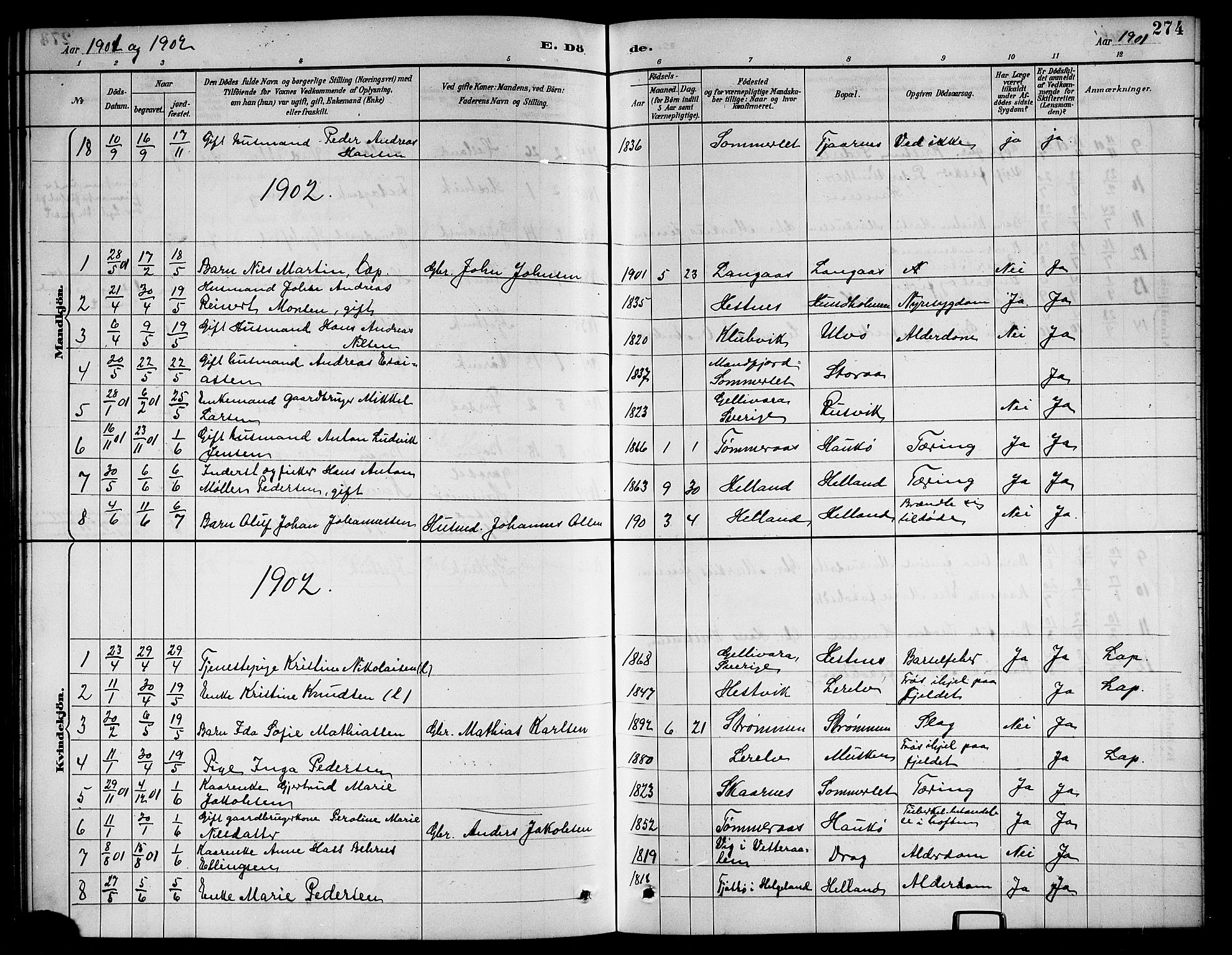 Ministerialprotokoller, klokkerbøker og fødselsregistre - Nordland, AV/SAT-A-1459/861/L0876: Klokkerbok nr. 861C02, 1887-1903, s. 274