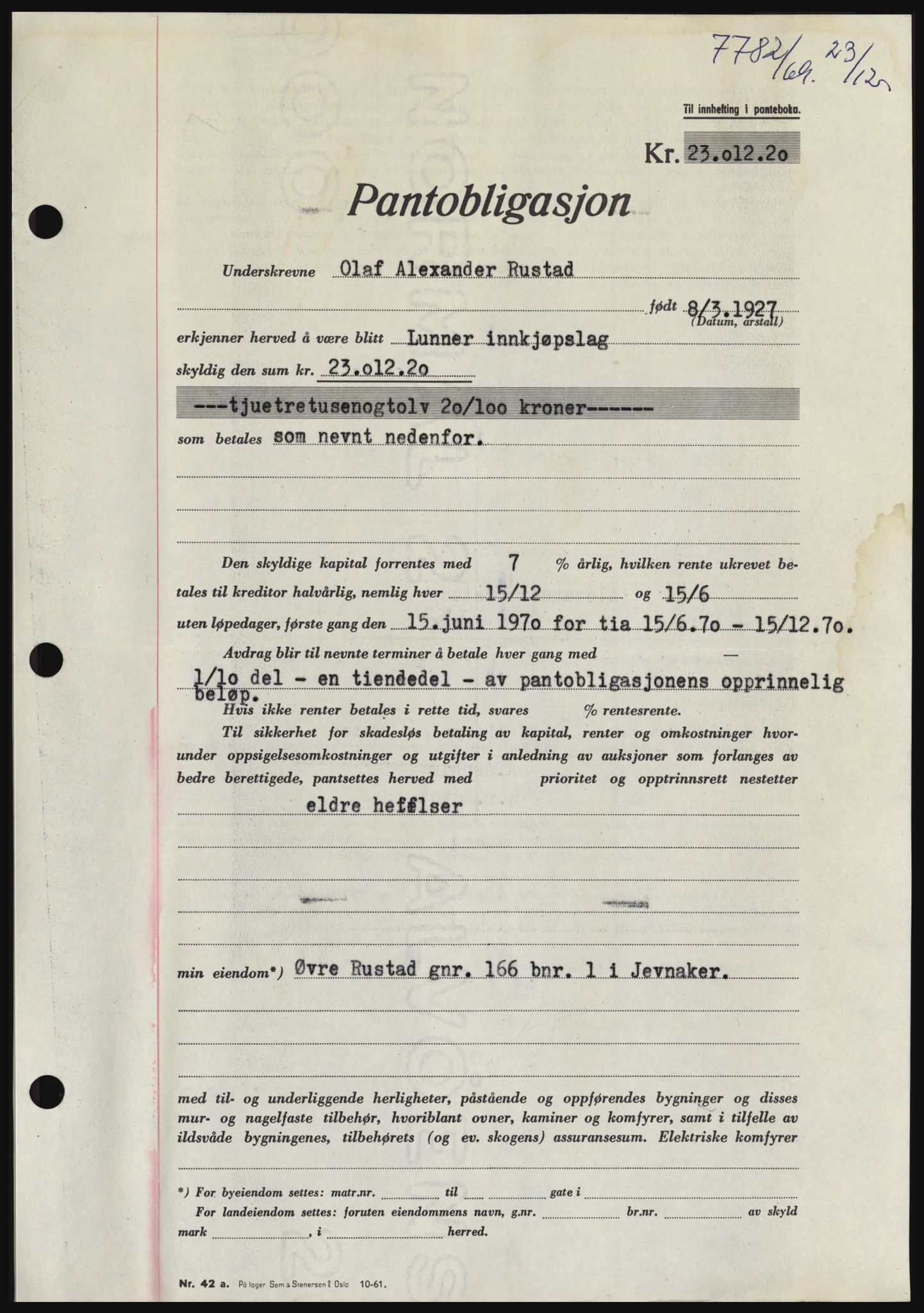 Hadeland og Land tingrett, SAH/TING-010/H/Hb/Hbc/L0075: Pantebok nr. B75, 1969-1969, Dagboknr: 7782/1969