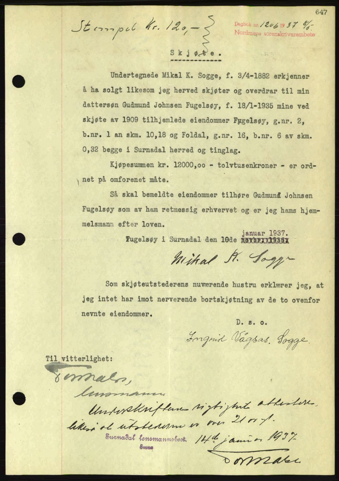 Nordmøre sorenskriveri, SAT/A-4132/1/2/2Ca: Pantebok nr. A81, 1937-1937, Dagboknr: 1206/1937