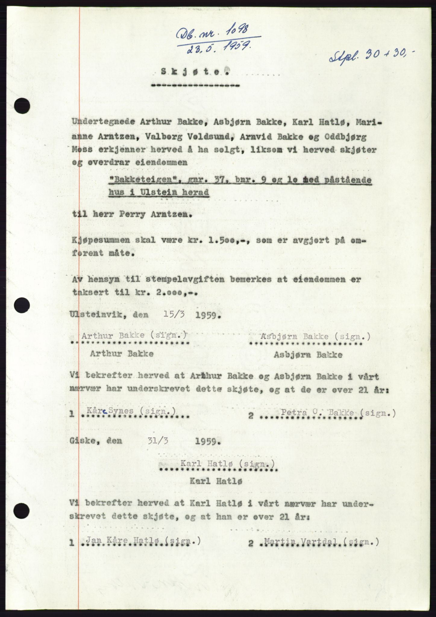 Søre Sunnmøre sorenskriveri, SAT/A-4122/1/2/2C/L0112: Pantebok nr. 38A, 1959-1959, Dagboknr: 1098/1959