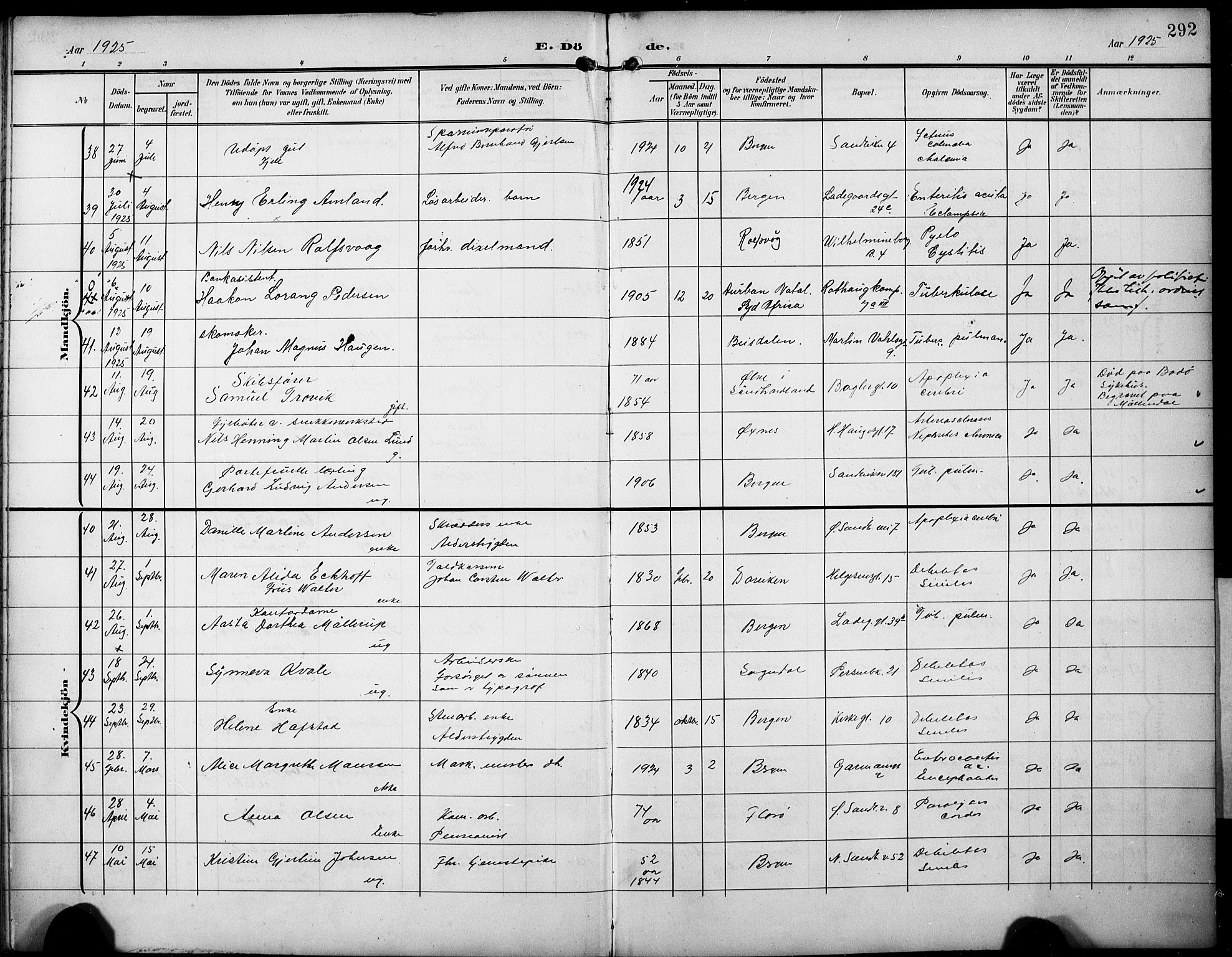 Sandviken Sokneprestembete, AV/SAB-A-77601/H/Hb/L0017: Klokkerbok nr. E 1, 1903-1926, s. 292