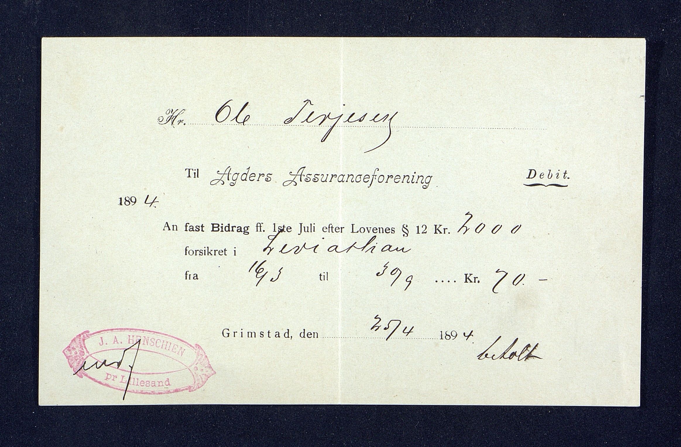 O. Terjesens rederi, AAKS/PA-2525/R/R02/L0001: Regnskapsbilag, 1884-1898