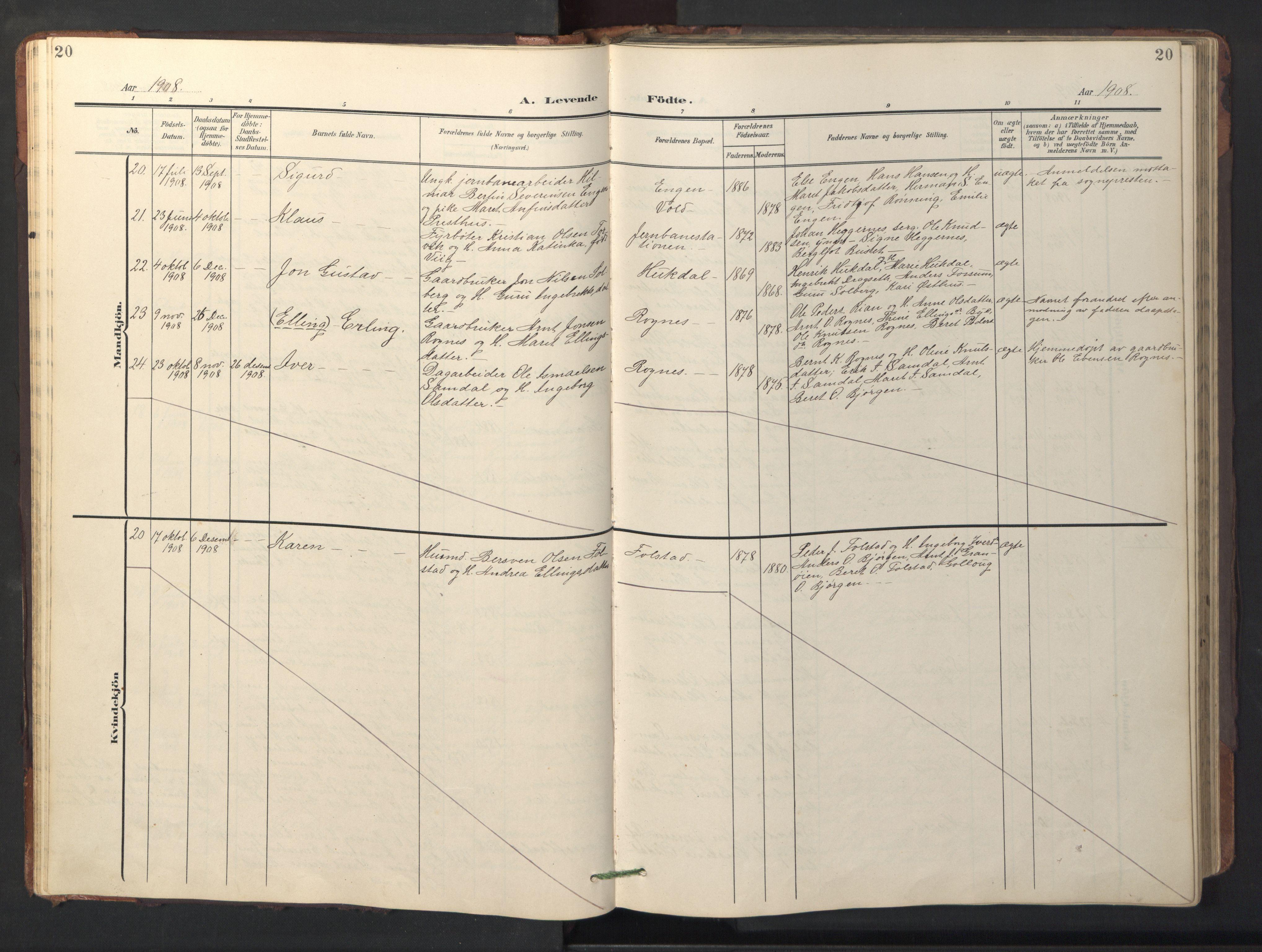 Ministerialprotokoller, klokkerbøker og fødselsregistre - Sør-Trøndelag, AV/SAT-A-1456/687/L1019: Klokkerbok nr. 687C03, 1904-1931, s. 20