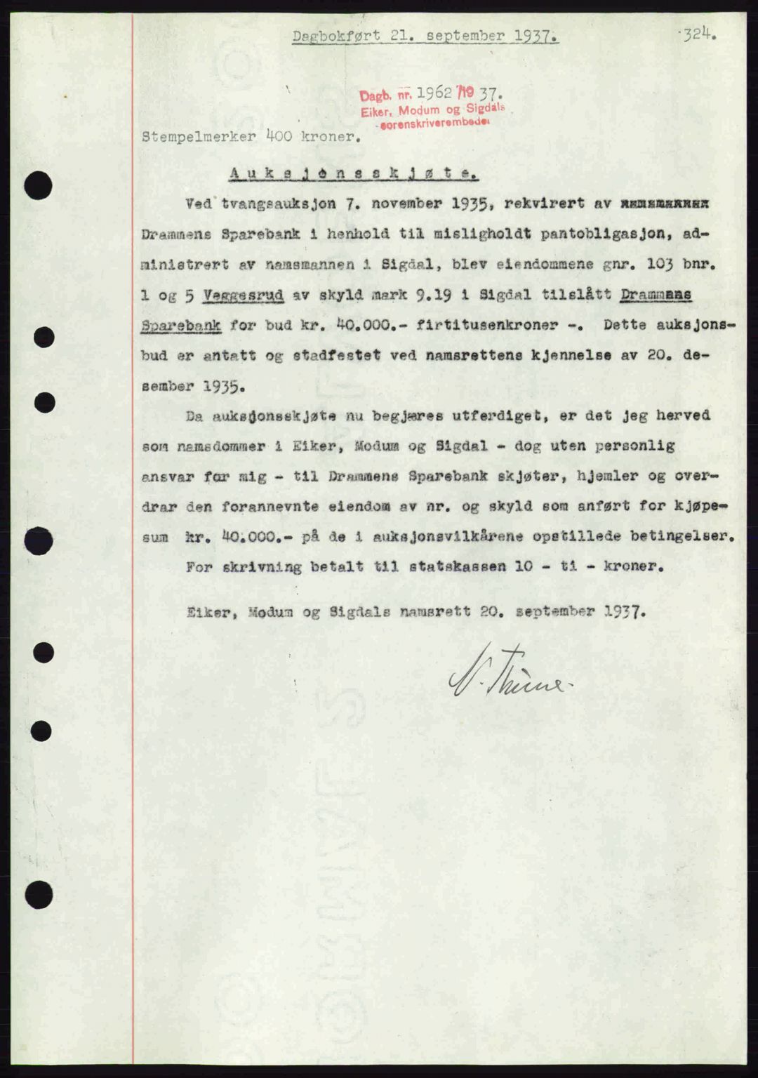 Eiker, Modum og Sigdal sorenskriveri, SAKO/A-123/G/Ga/Gab/L0036: Pantebok nr. A6, 1937-1937, Dagboknr: 1962/1937