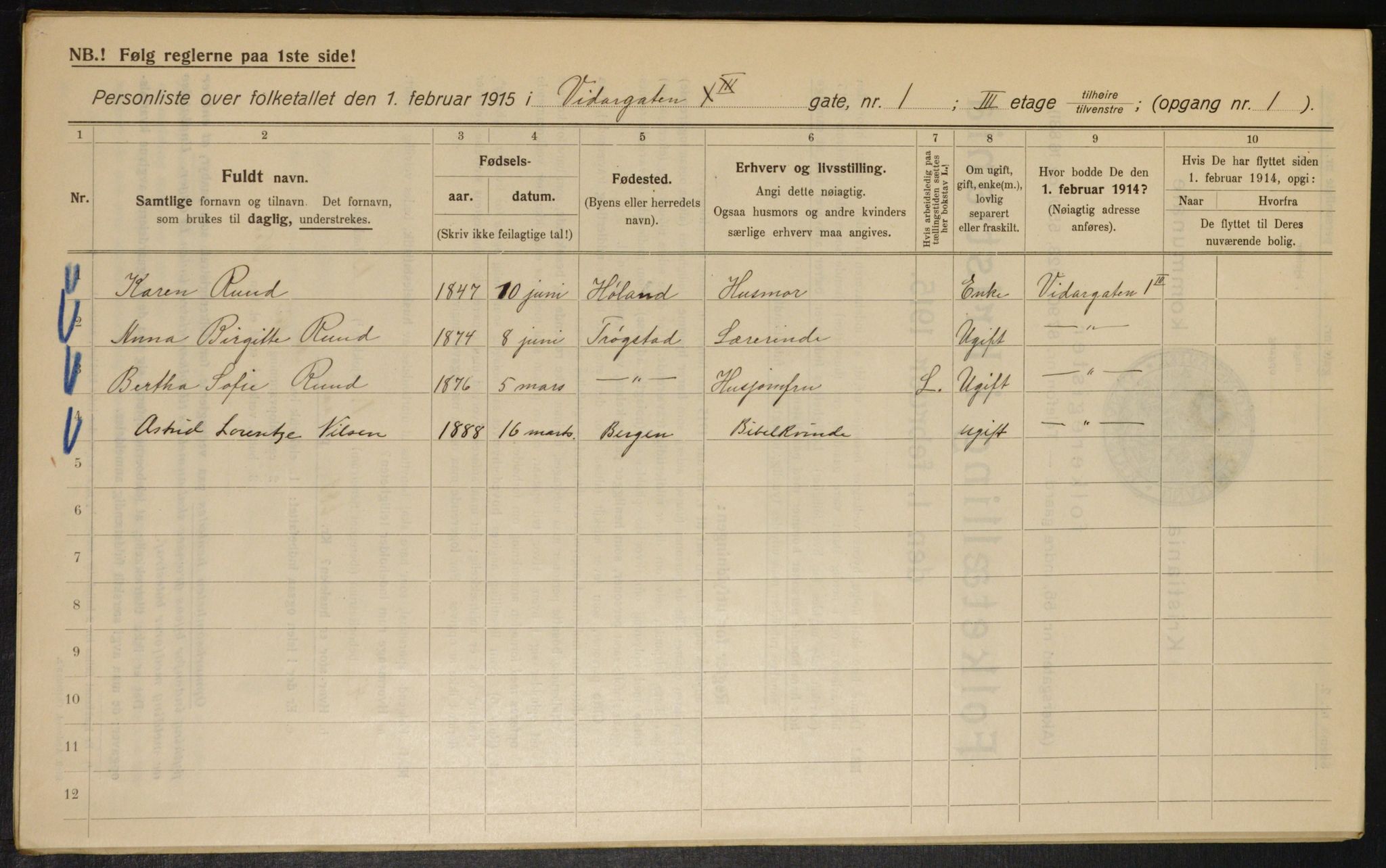 OBA, Kommunal folketelling 1.2.1915 for Kristiania, 1915, s. 124144