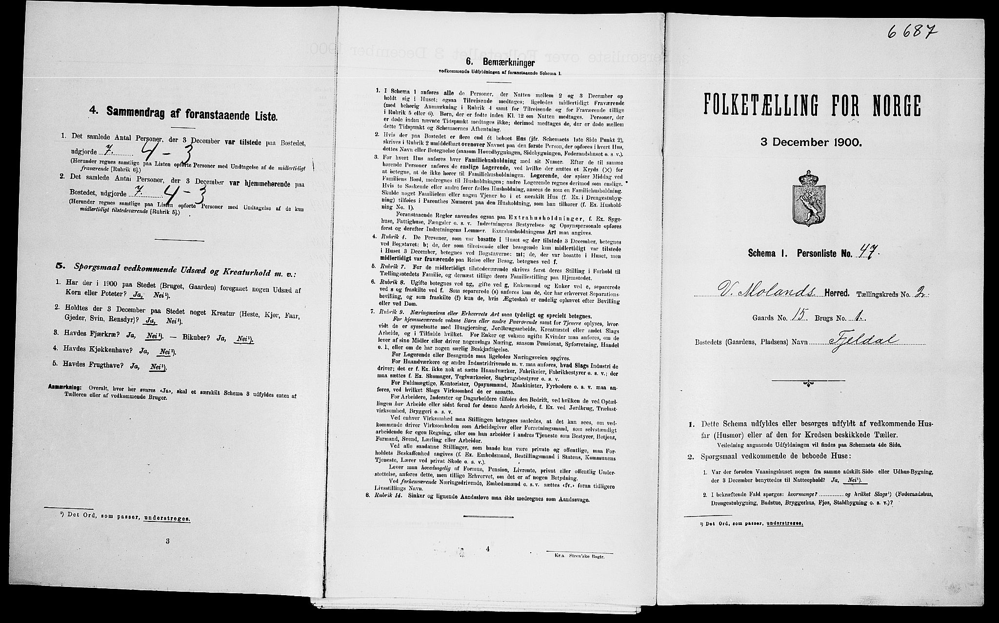 SAK, Folketelling 1900 for 0926 Vestre Moland herred, 1900, s. 328