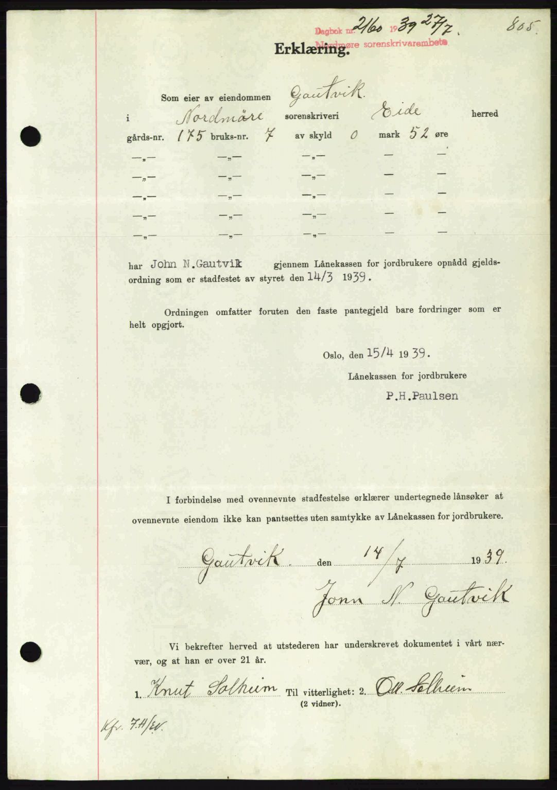 Nordmøre sorenskriveri, SAT/A-4132/1/2/2Ca: Pantebok nr. B85, 1939-1939, Dagboknr: 2160/1939