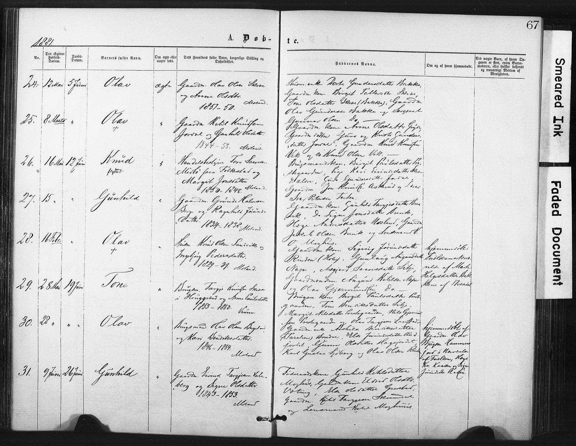 Fyresdal kirkebøker, AV/SAKO-A-263/F/Fa/L0006: Ministerialbok nr. I 6, 1872-1886, s. 67