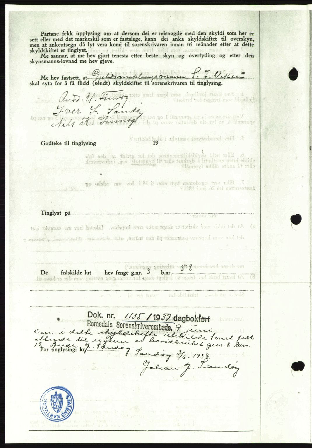 Romsdal sorenskriveri, AV/SAT-A-4149/1/2/2C: Pantebok nr. A7, 1939-1939, Dagboknr: 1135/1939