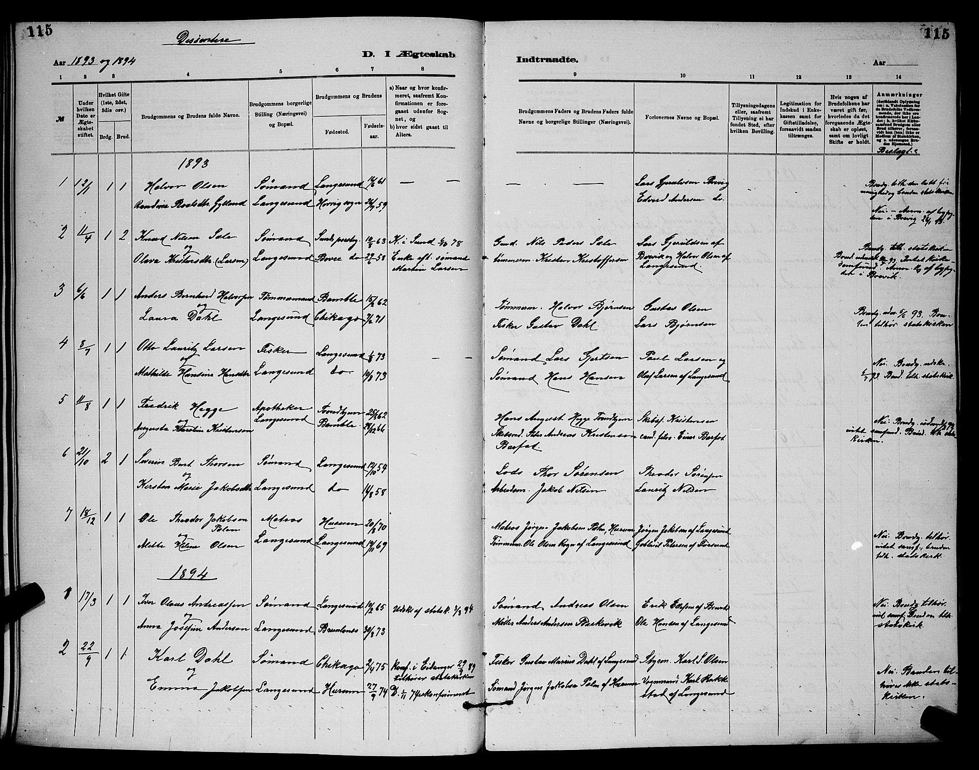 Langesund kirkebøker, AV/SAKO-A-280/G/Ga/L0005: Klokkerbok nr. 5, 1884-1898, s. 115