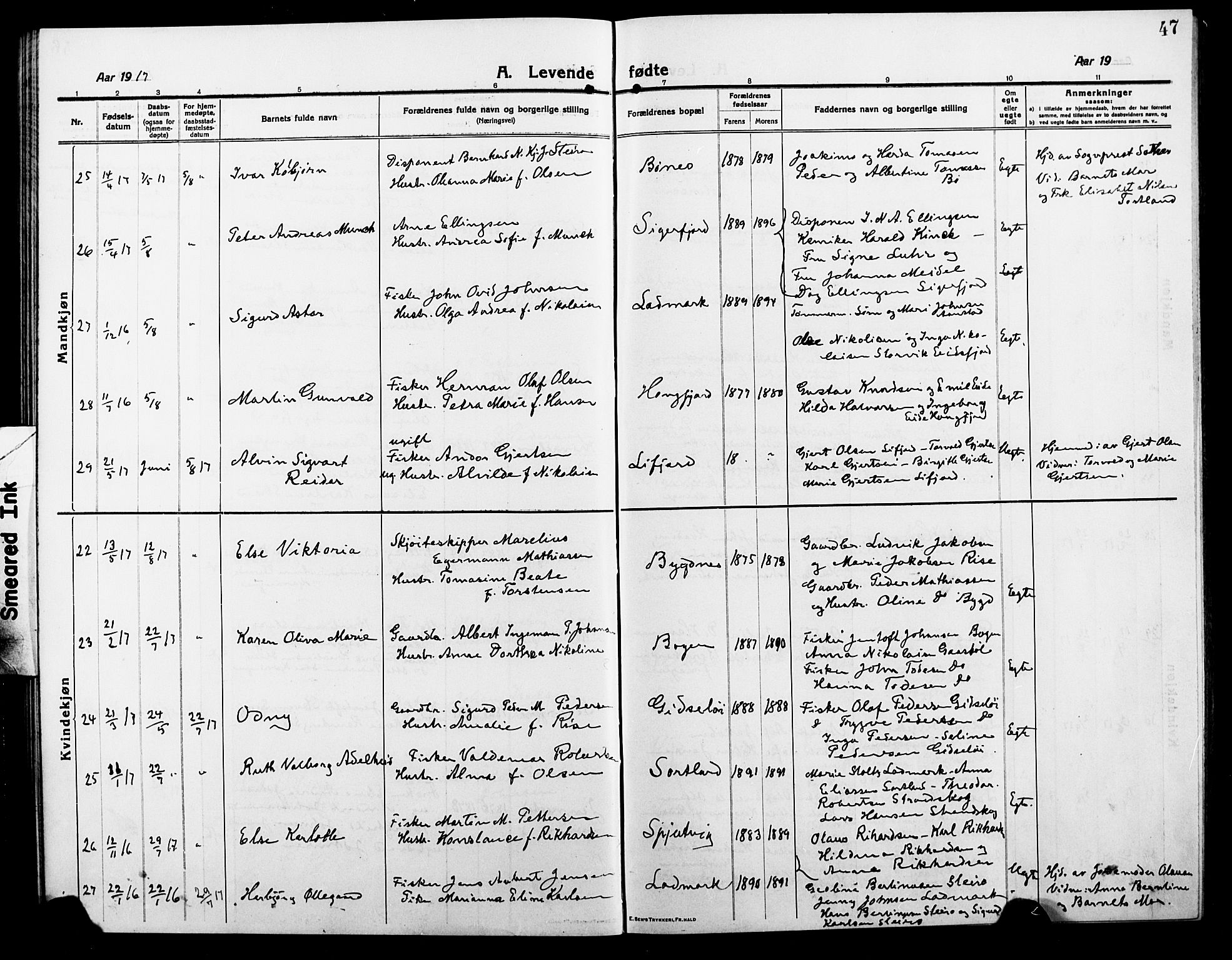 Ministerialprotokoller, klokkerbøker og fødselsregistre - Nordland, AV/SAT-A-1459/895/L1383: Klokkerbok nr. 895C05, 1913-1922, s. 47