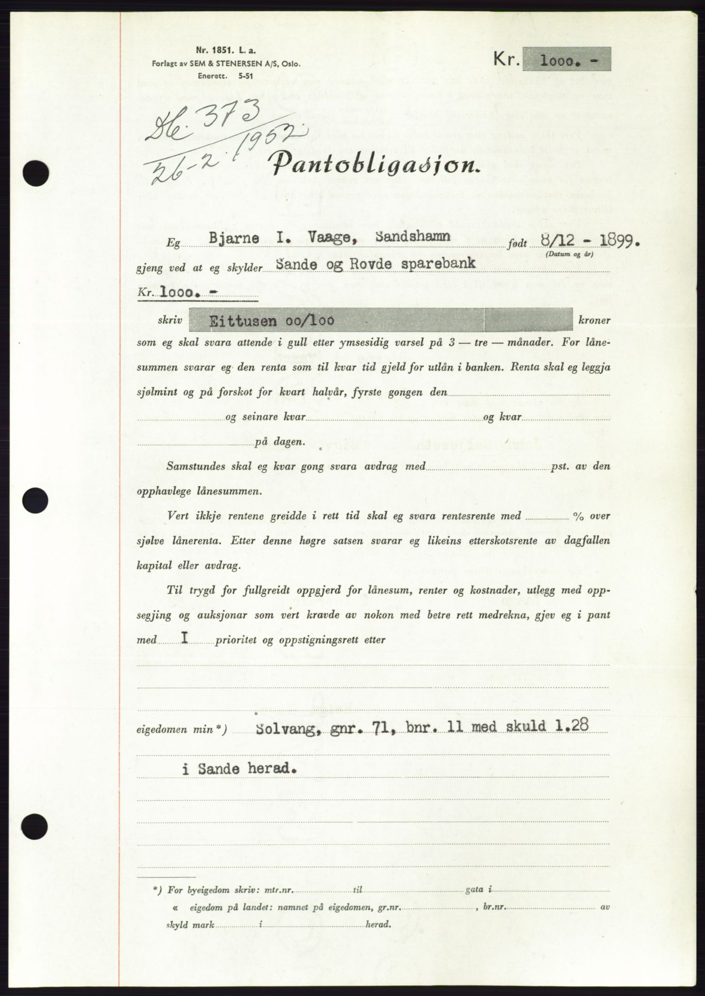 Søre Sunnmøre sorenskriveri, AV/SAT-A-4122/1/2/2C/L0121: Pantebok nr. 9B, 1951-1952, Dagboknr: 373/1952