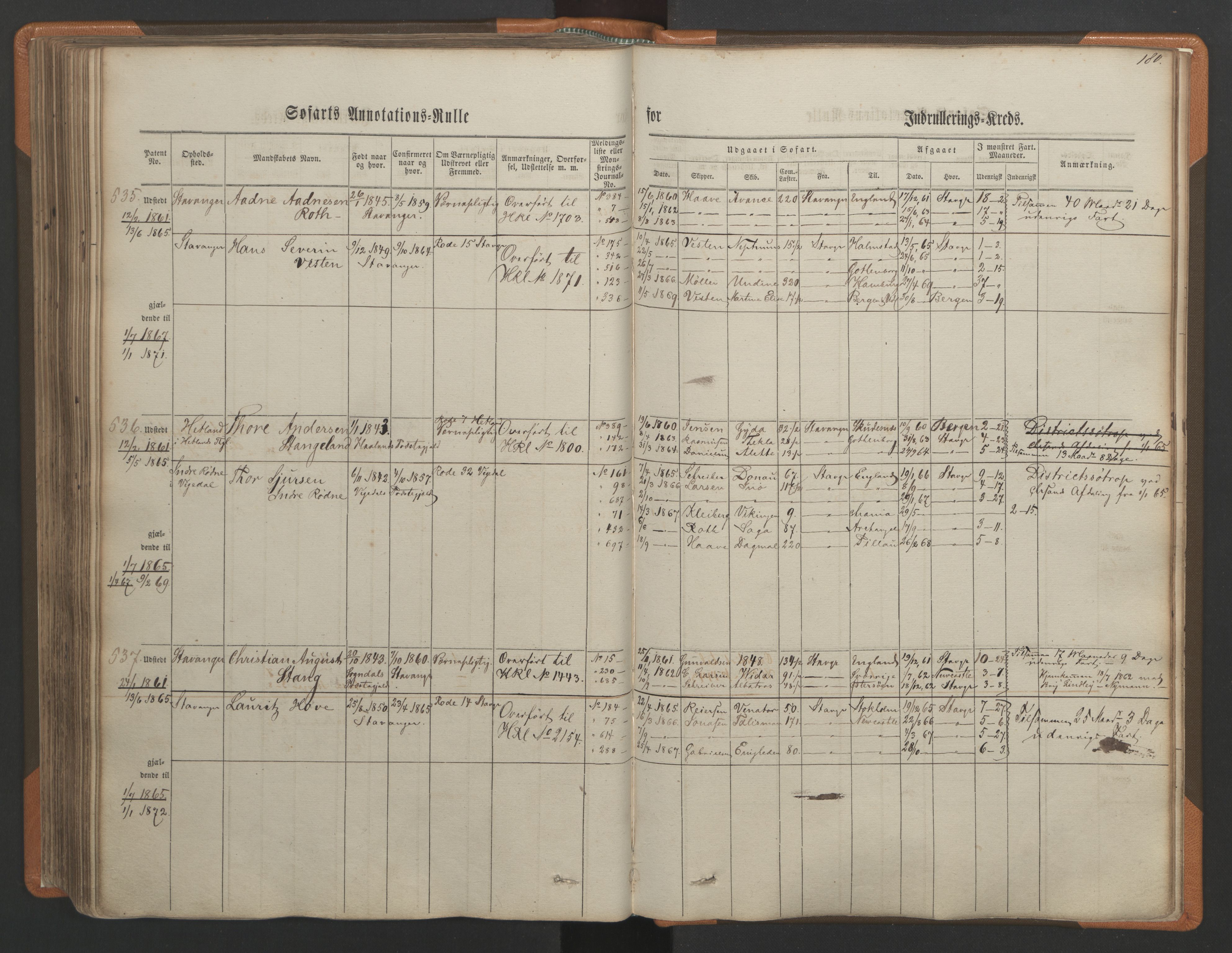 Stavanger sjømannskontor, AV/SAST-A-102006/F/Ff/L0001: Annotasjonsrulle, patentnr. 1-597 (del 1), 1860-1864, s. 190