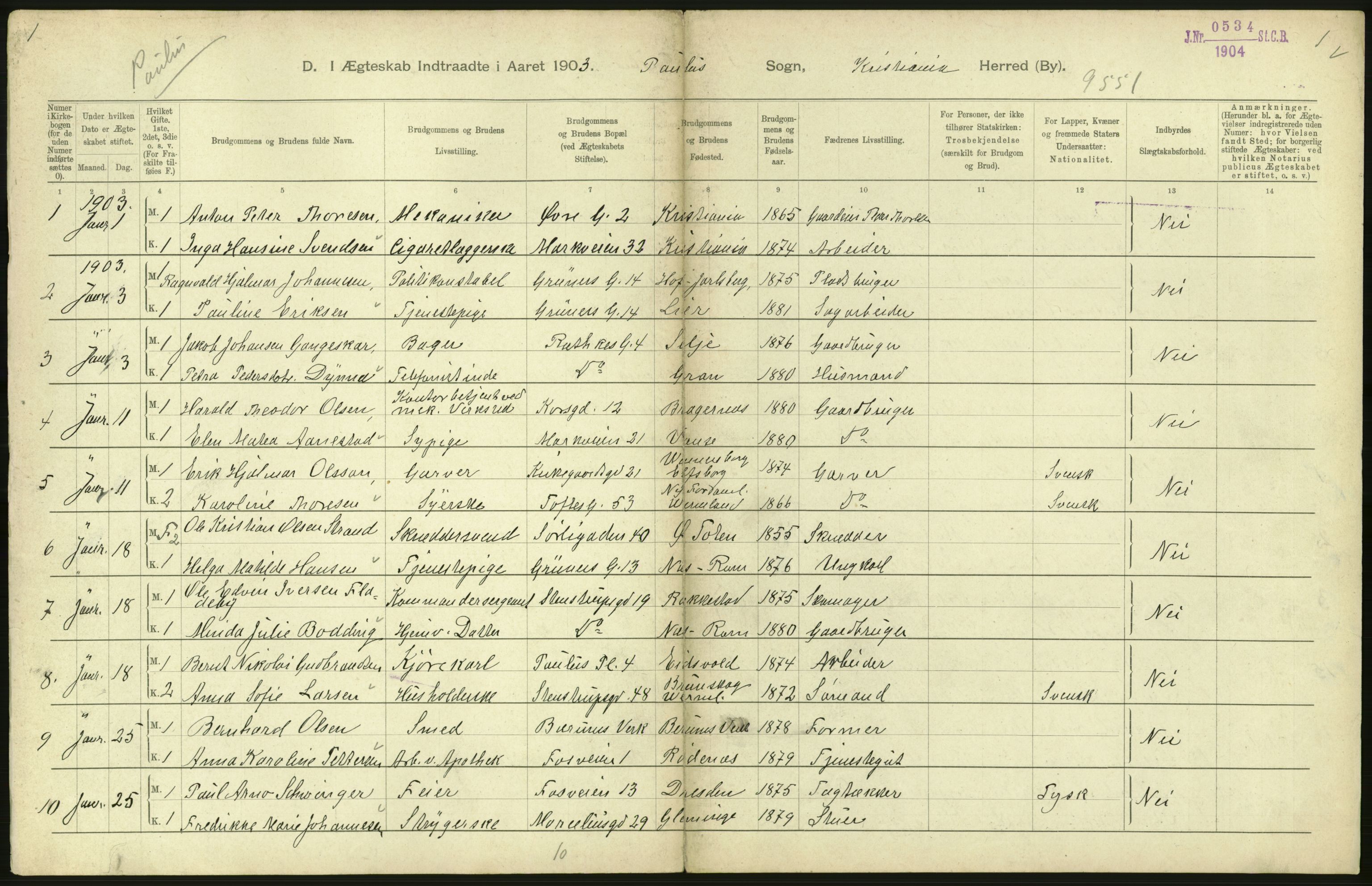 Statistisk sentralbyrå, Sosiodemografiske emner, Befolkning, AV/RA-S-2228/D/Df/Dfa/Dfaa/L0004: Kristiania: Gifte, døde, 1903, s. 494