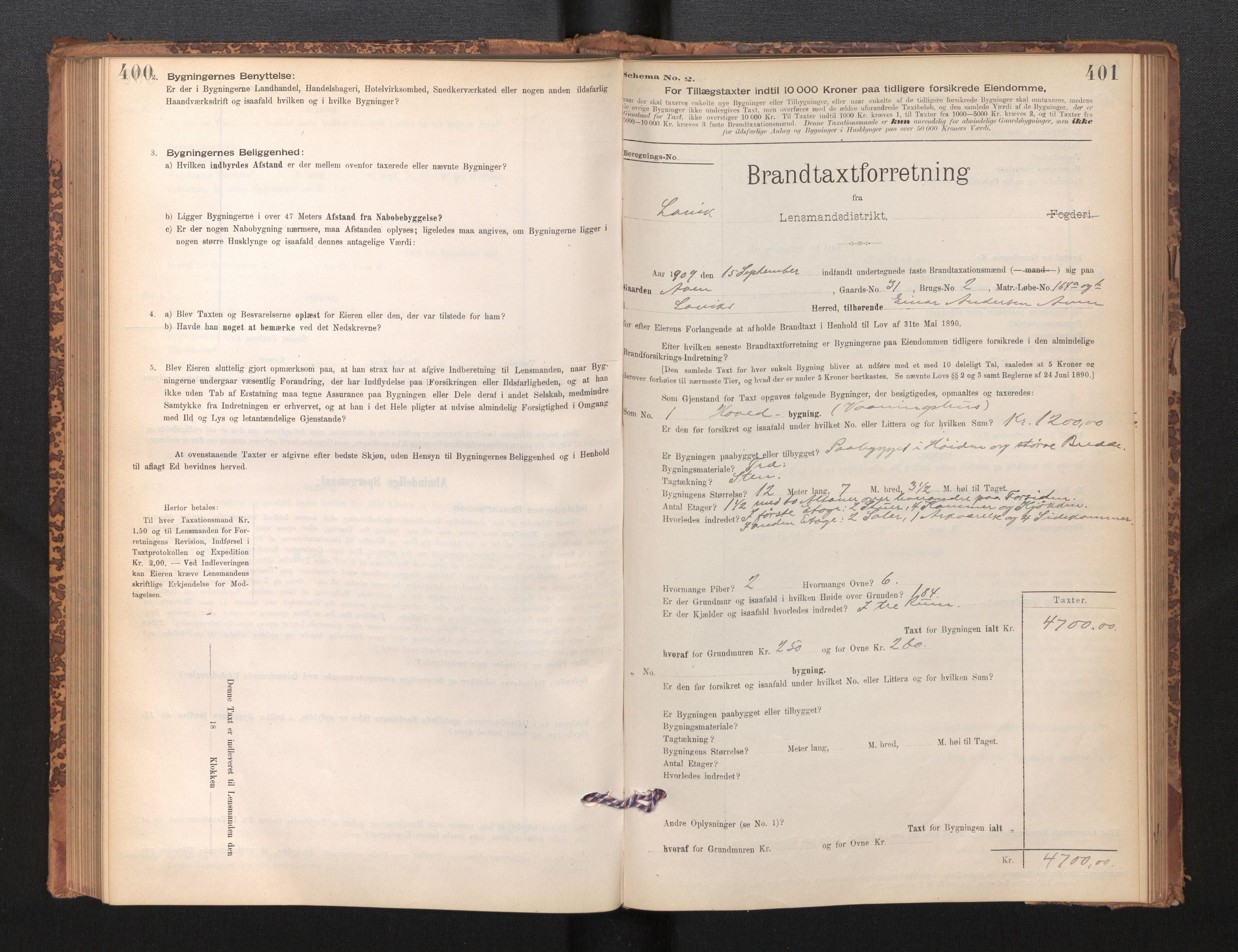 Lensmannen i Lavik, SAB/A-29101/0012/L0002: Branntakstprotokoll, skjematakst, 1895-1933, s. 400-401