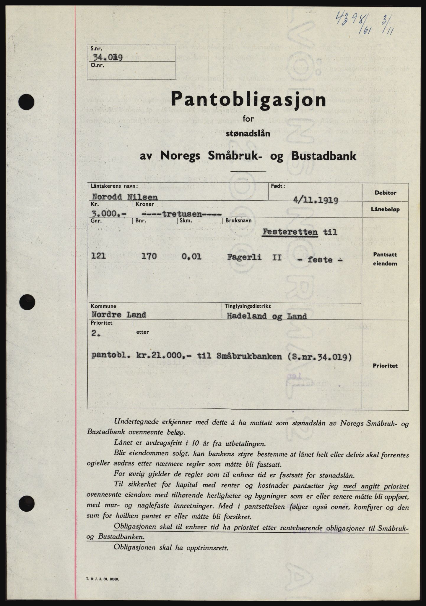 Hadeland og Land tingrett, SAH/TING-010/H/Hb/Hbc/L0047: Pantebok nr. B47, 1961-1962, Dagboknr: 4398/1961