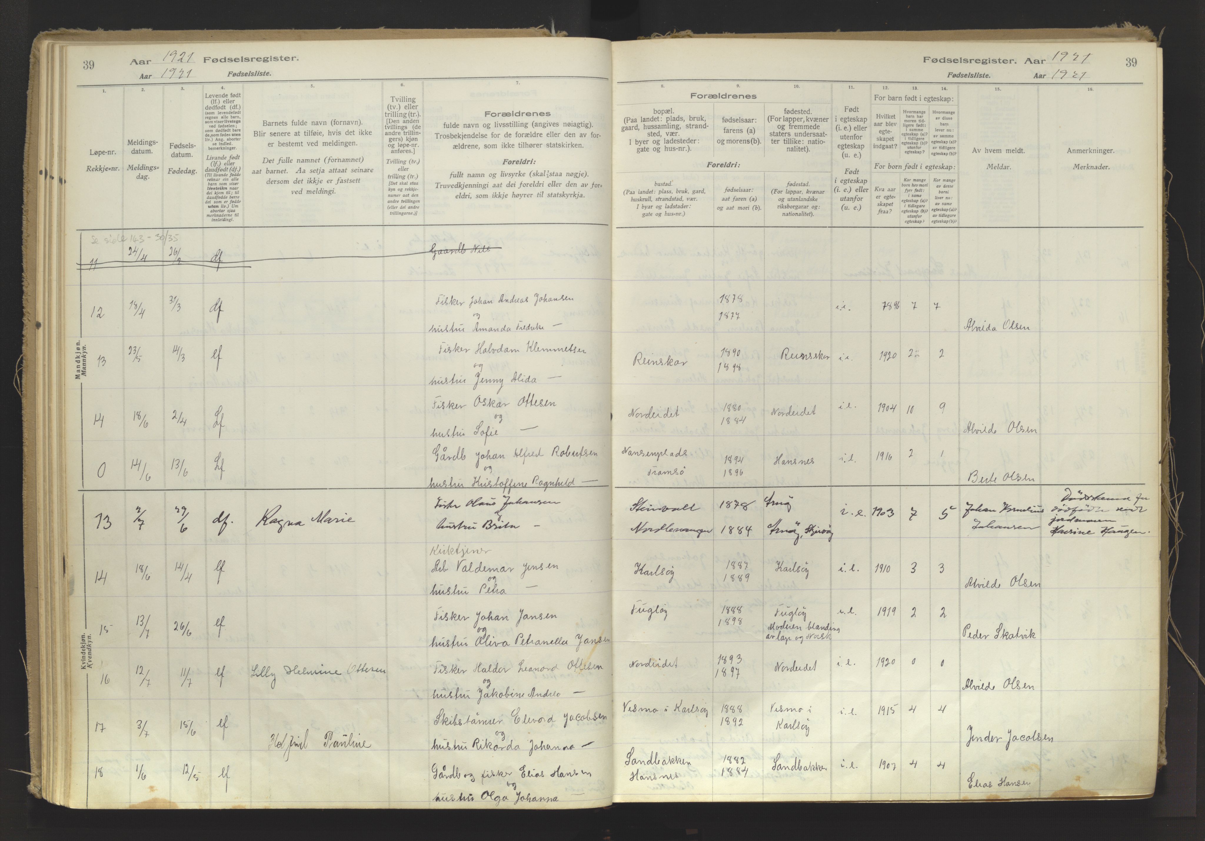 Karlsøy sokneprestembete, AV/SATØ-S-1299/I/Ic/L0064: Fødselsregister nr. 64, 1916-1943, s. 39