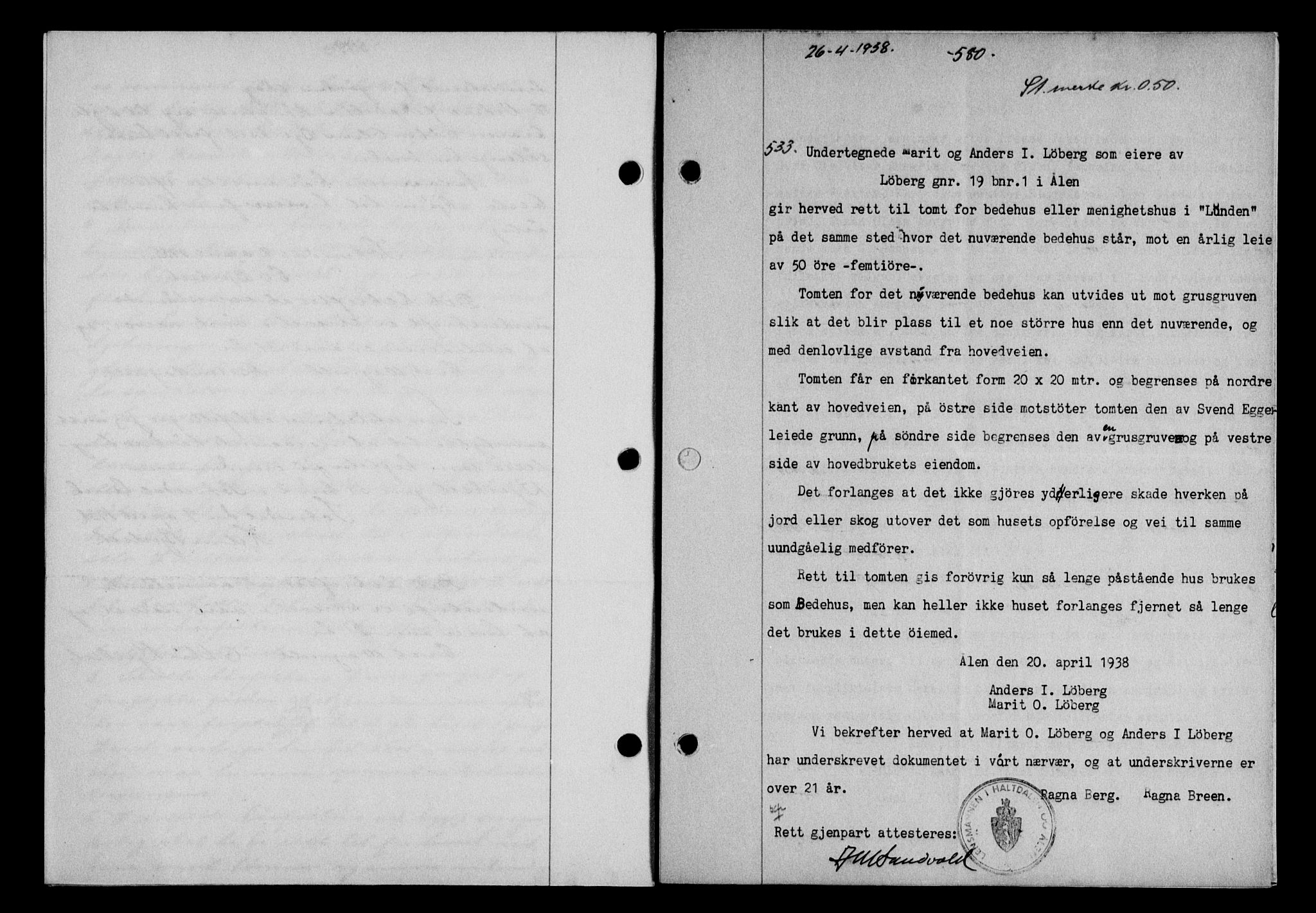 Gauldal sorenskriveri, SAT/A-0014/1/2/2C/L0048: Pantebok nr. 51-52, 1937-1938, s. 580, Dagboknr: 533/1938