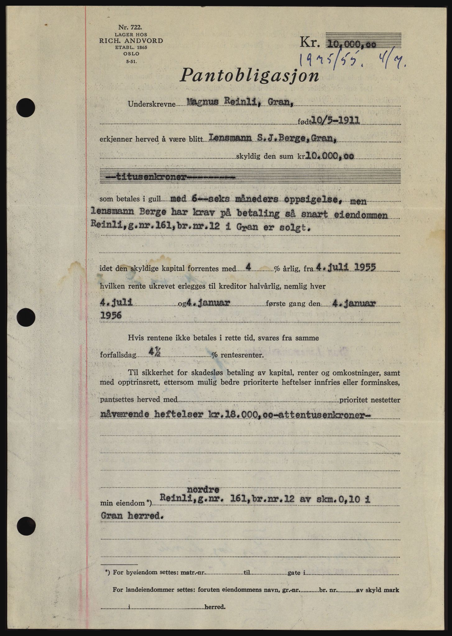 Hadeland og Land tingrett, SAH/TING-010/H/Hb/Hbc/L0032: Pantebok nr. B32, 1955-1955, Dagboknr: 1975/1955