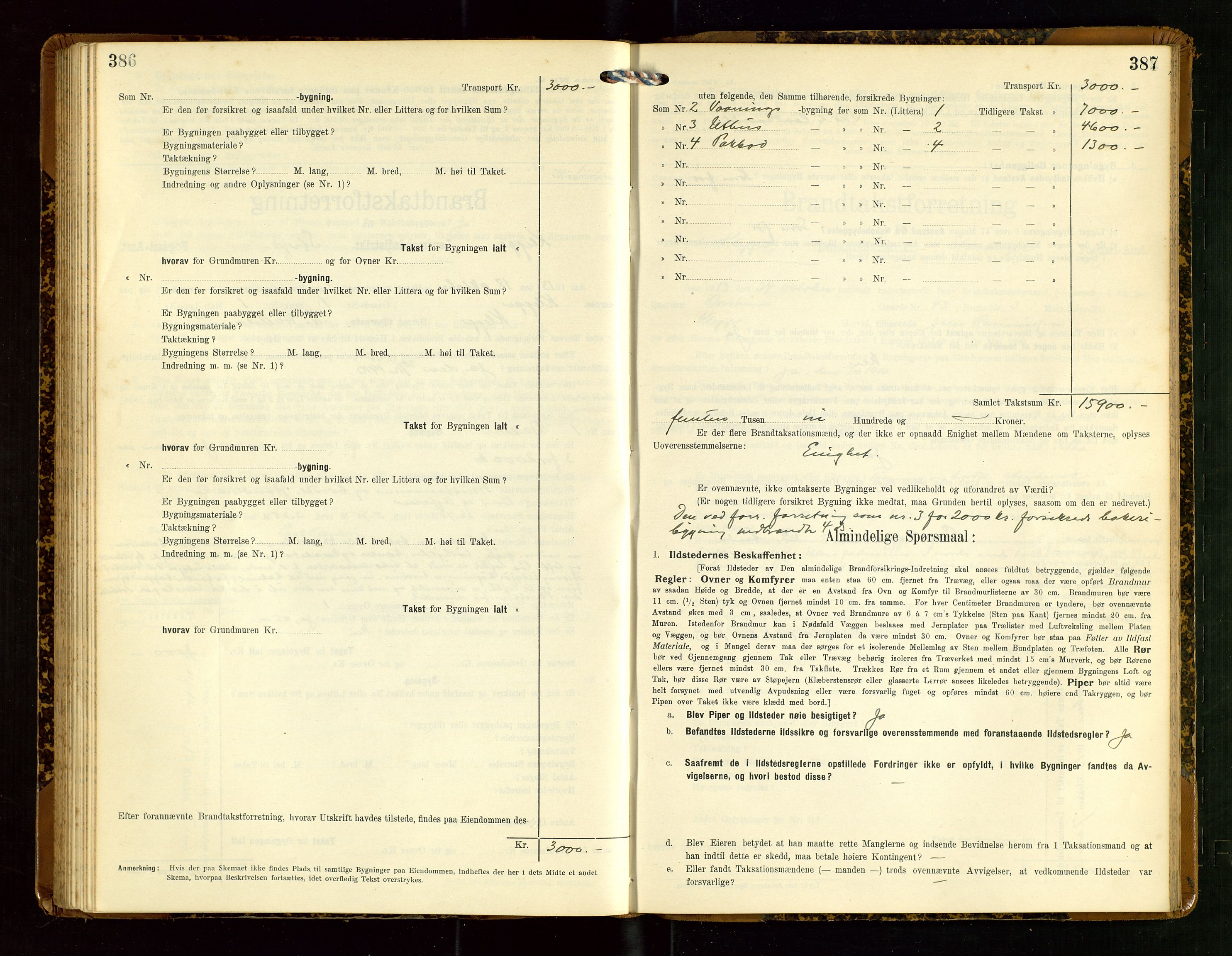 Klepp lensmannskontor, AV/SAST-A-100163/Goc/L0007: "Brandtaxationsprotokol" m/register, 1911-1915, s. 386-387