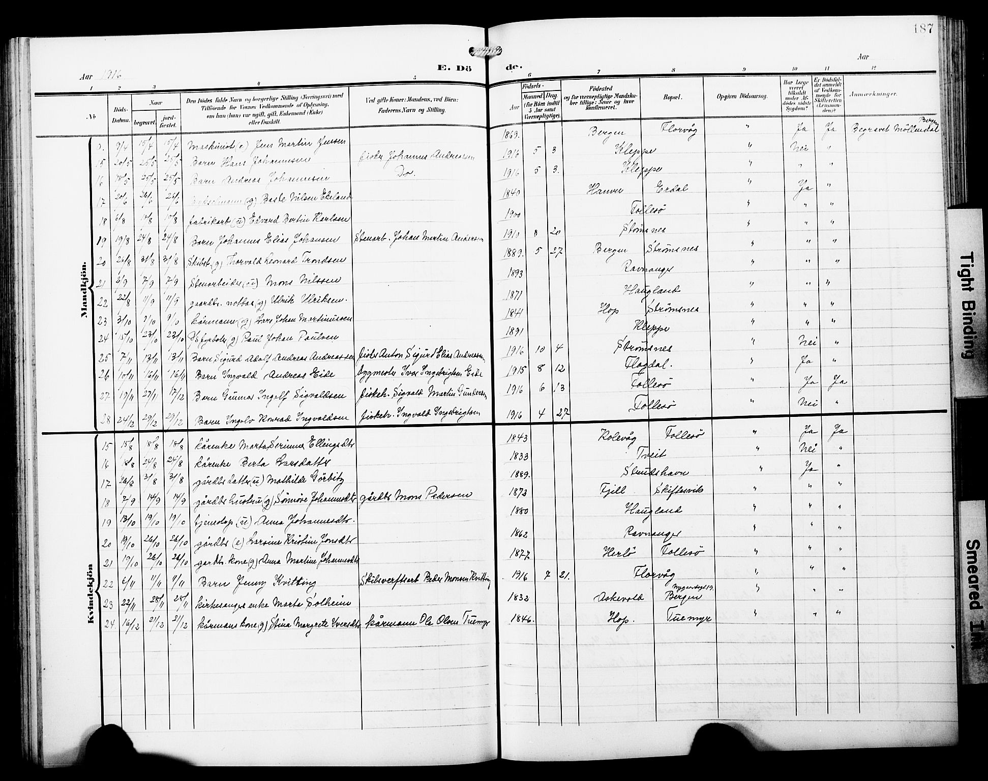 Askøy Sokneprestembete, AV/SAB-A-74101/H/Ha/Hab/Haba/L0014: Klokkerbok nr. A 14, 1904-1927, s. 187