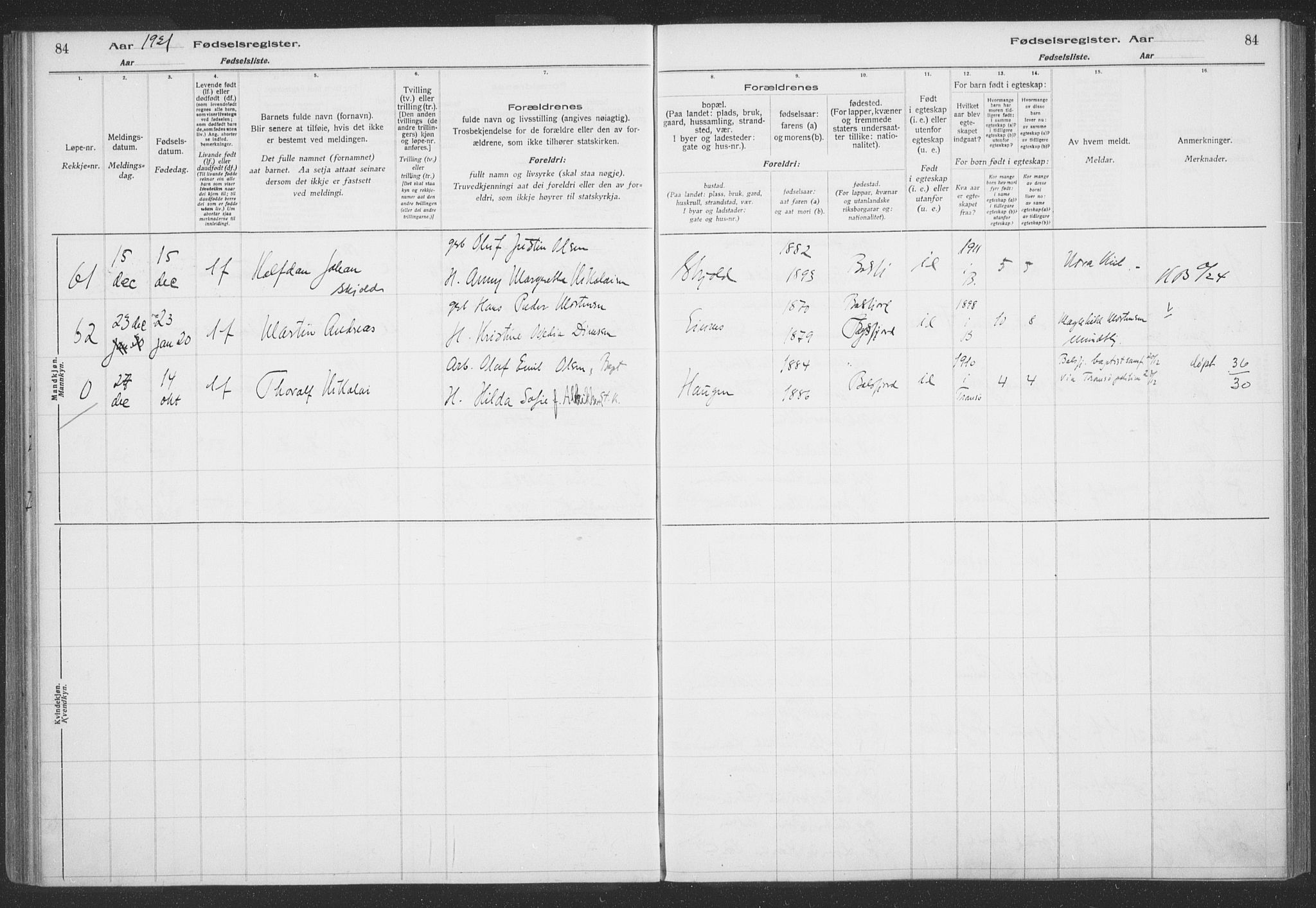 Balsfjord sokneprestembete, SATØ/S-1303/H/Hb/L0059: Fødselsregister nr. 59, 1916-1930, s. 84