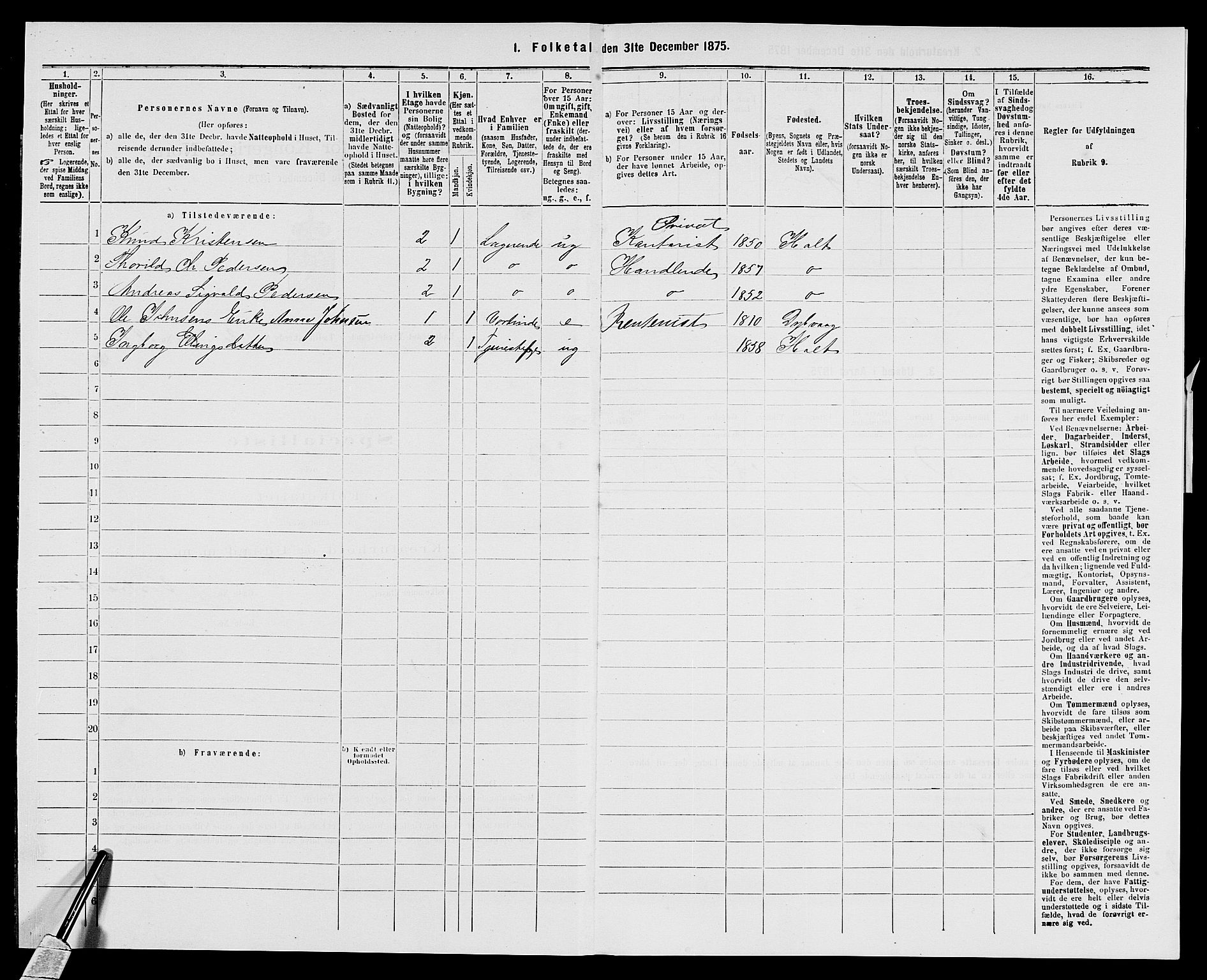 SAK, Folketelling 1875 for 0902B Holt prestegjeld, Tvedestrand ladested, 1875, s. 304