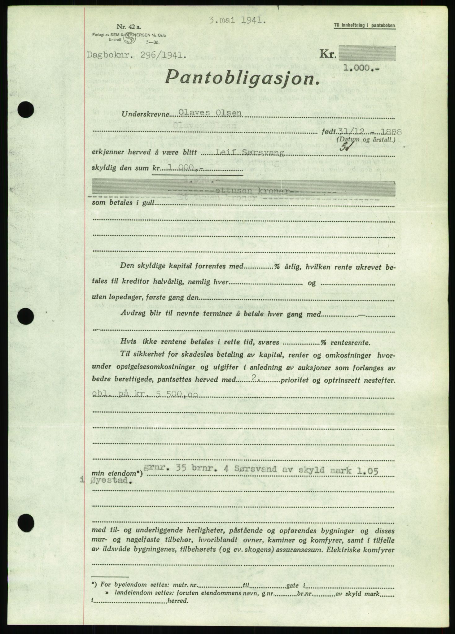 Nedenes sorenskriveri, SAK/1221-0006/G/Gb/Gbb/L0001: Pantebok nr. I, 1939-1942, Dagboknr: 296/1941
