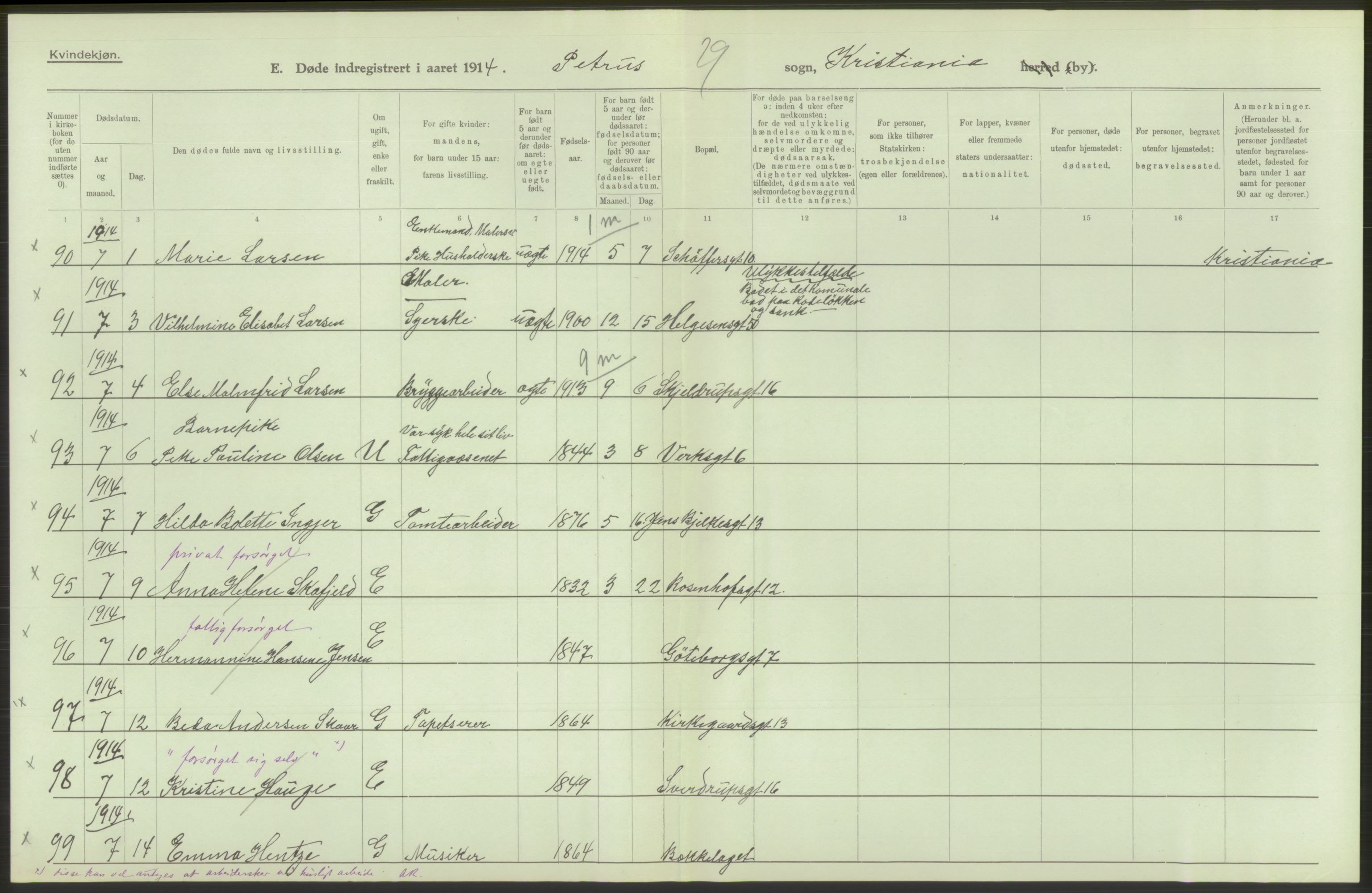 Statistisk sentralbyrå, Sosiodemografiske emner, Befolkning, AV/RA-S-2228/D/Df/Dfb/Dfbd/L0008: Kristiania: Døde, 1914, s. 374