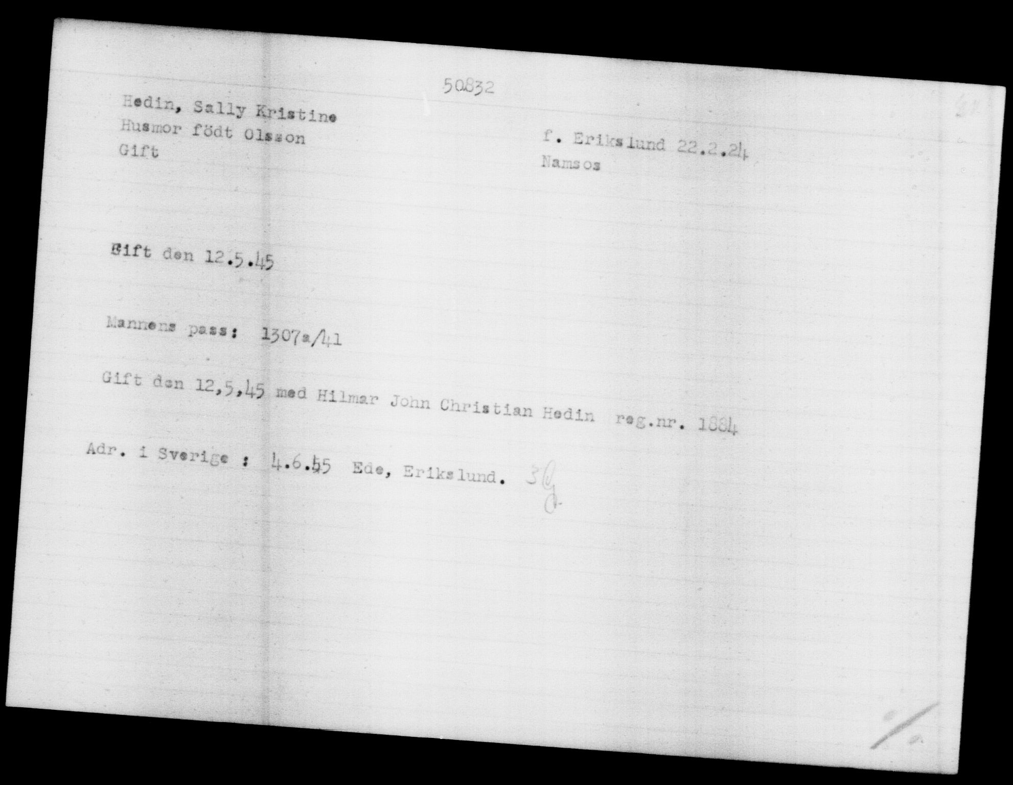 Utenriksstasjonene, Legasjonen i Stockholm, Flyktningkontoret, AV/RA-S-6753/V/Va/L0019: Kjesäterkartoteket, flyktninger med registreringsnr. 49600-55060, 1940-1945, s. 1255