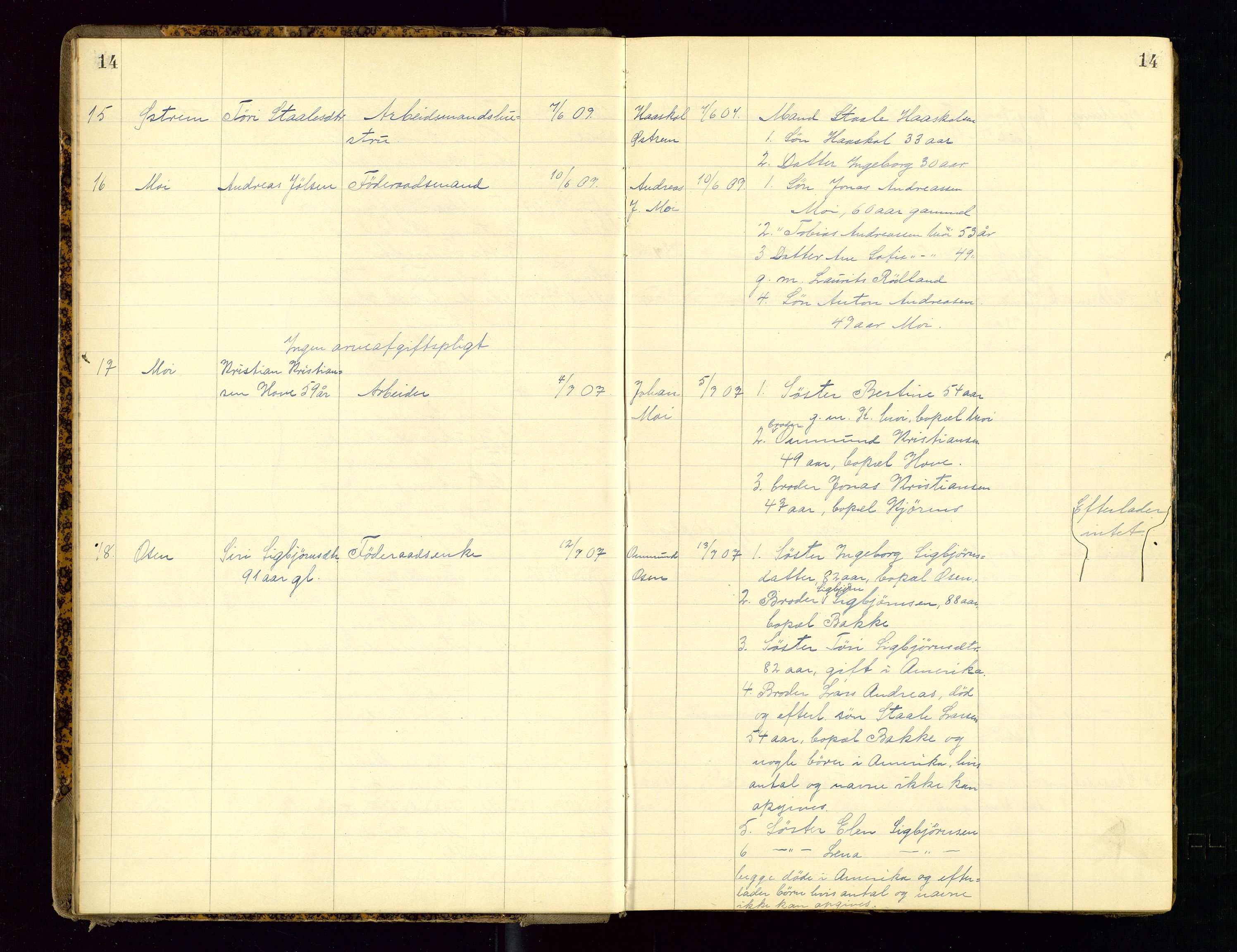 Dalane sorenskriveri, AV/SAST-A-100309/001/5/52/L0001: DØDSFALLPROTOKOLL, 1904-1911, s. 14