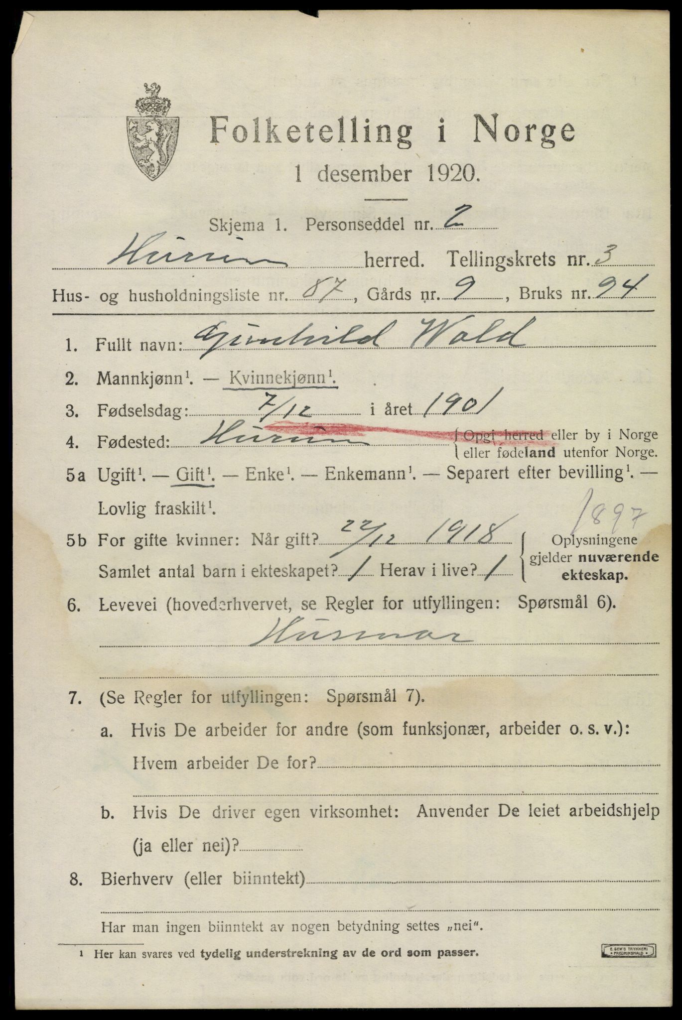 SAKO, Folketelling 1920 for 0628 Hurum herred, 1920, s. 5722