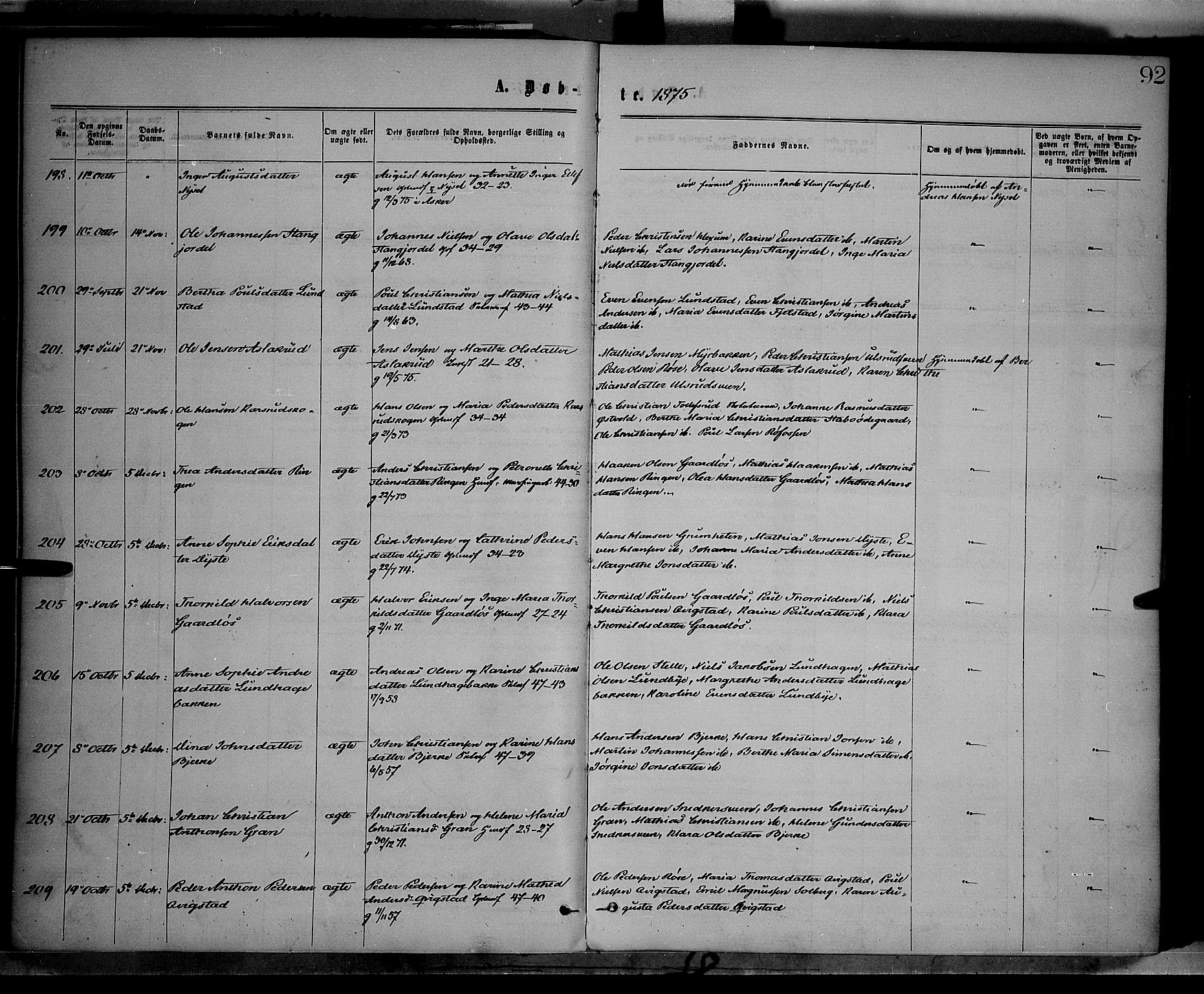 Vestre Toten prestekontor, SAH/PREST-108/H/Ha/Haa/L0008: Ministerialbok nr. 8, 1870-1877, s. 92