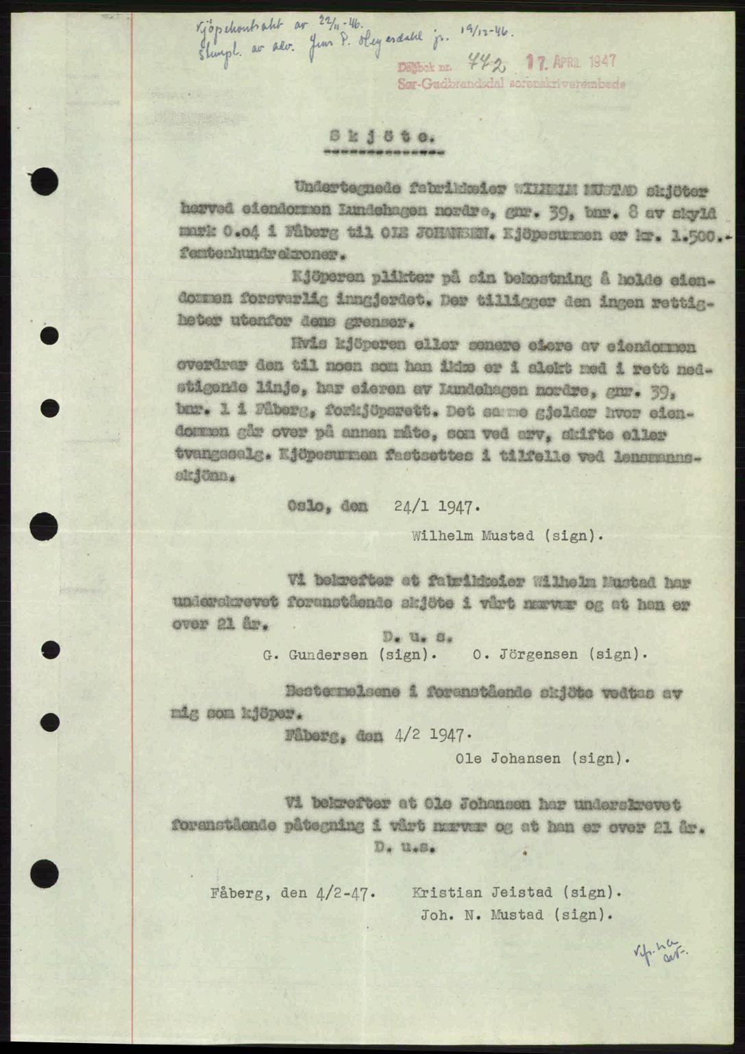 Sør-Gudbrandsdal tingrett, SAH/TING-004/H/Hb/Hbd/L0018: Pantebok nr. A18, 1947-1947, Dagboknr: 772/1947