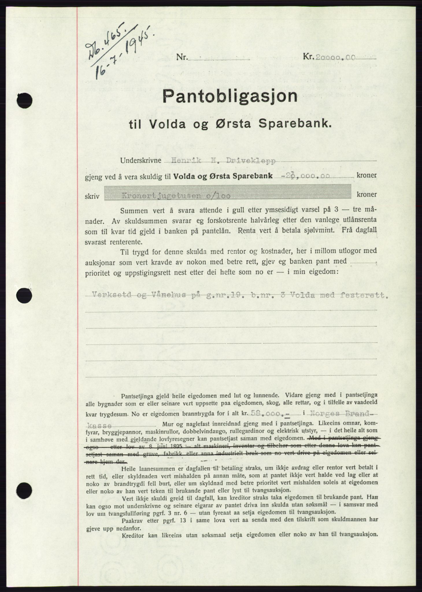 Søre Sunnmøre sorenskriveri, AV/SAT-A-4122/1/2/2C/L0114: Pantebok nr. 1-2B, 1943-1947, Dagboknr: 465/1945