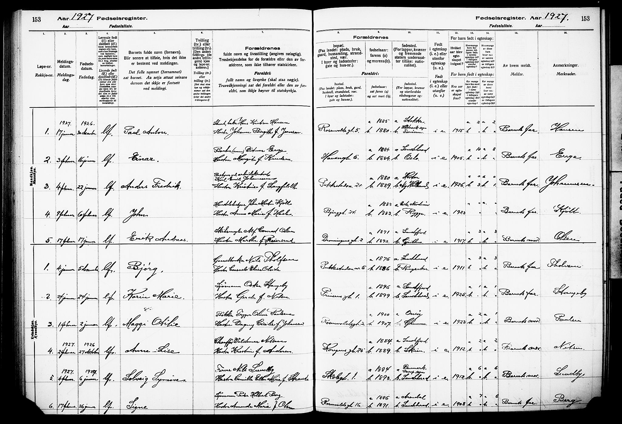 Sandefjord kirkebøker, AV/SAKO-A-315/J/Ja/L0001: Fødselsregister nr. 1, 1916-1932, s. 153