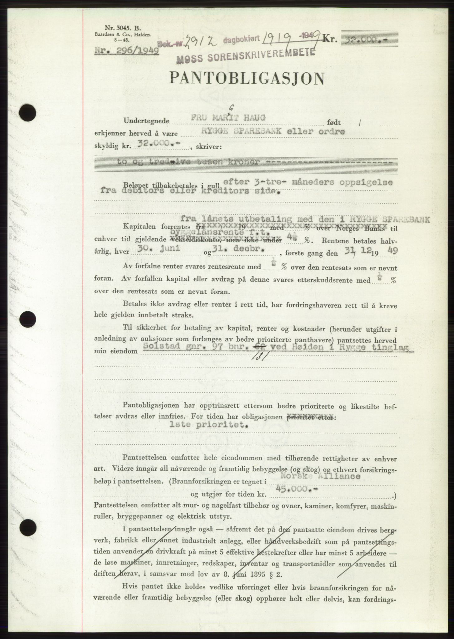 Moss sorenskriveri, SAO/A-10168: Pantebok nr. B22, 1949-1949, Dagboknr: 2912/1949