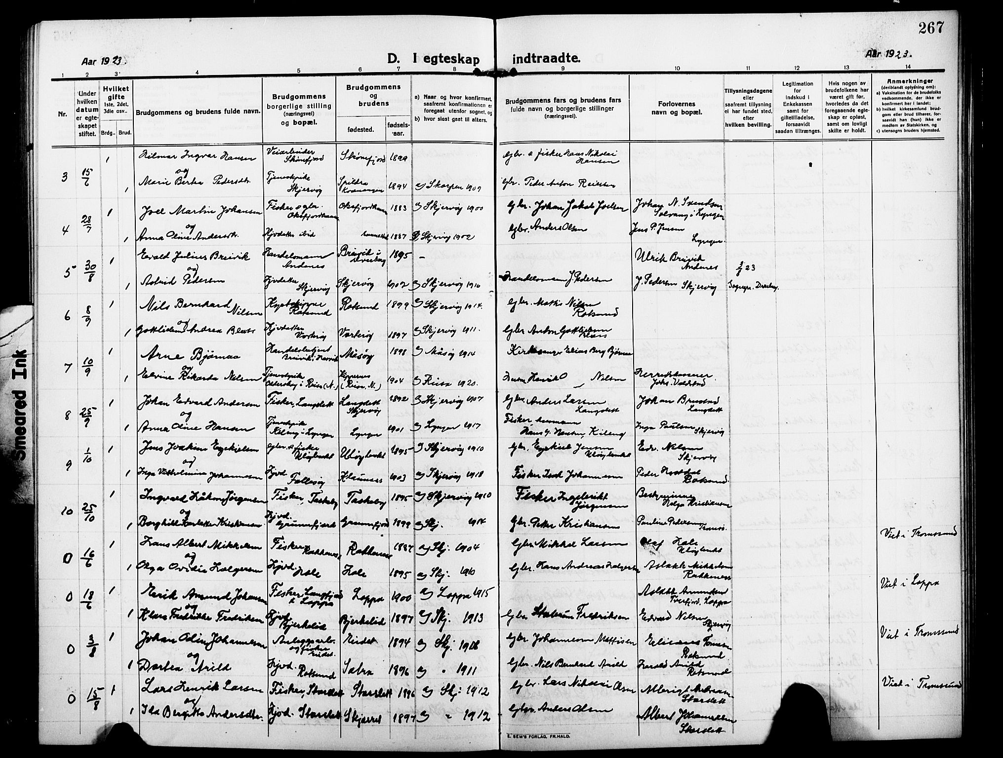 Skjervøy sokneprestkontor, AV/SATØ-S-1300/H/Ha/Hab/L0009klokker: Klokkerbok nr. 9, 1911-1926, s. 267