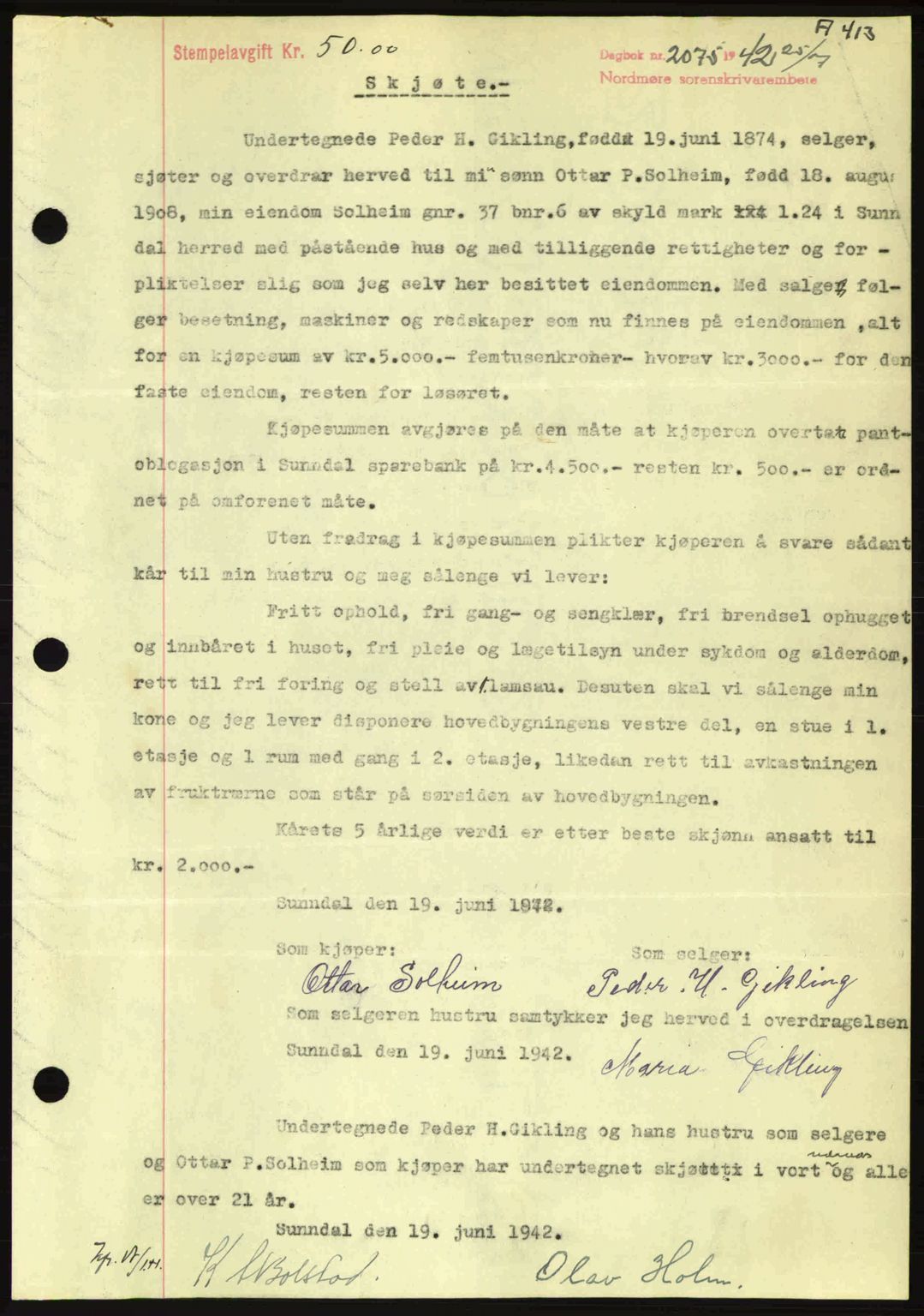Nordmøre sorenskriveri, SAT/A-4132/1/2/2Ca: Pantebok nr. A93, 1942-1942, Dagboknr: 2075/1942