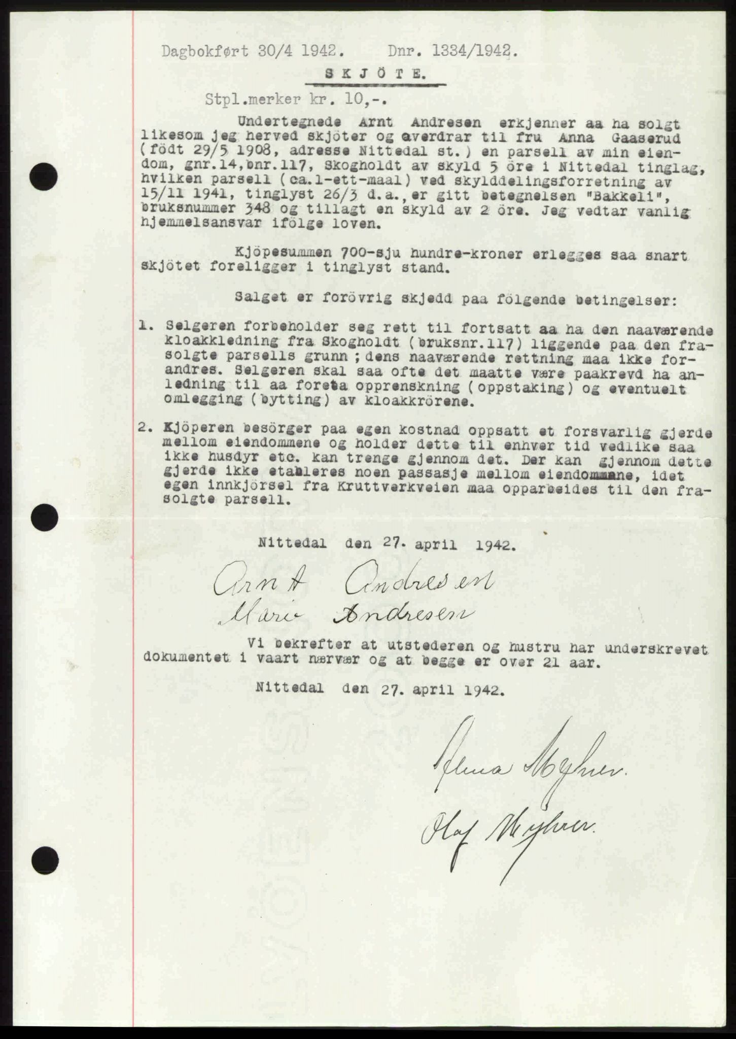 Nedre Romerike sorenskriveri, AV/SAO-A-10469/G/Gb/Gbd/L0007: Pantebok nr. 7, 1941-1942, Dagboknr: 1334/1942