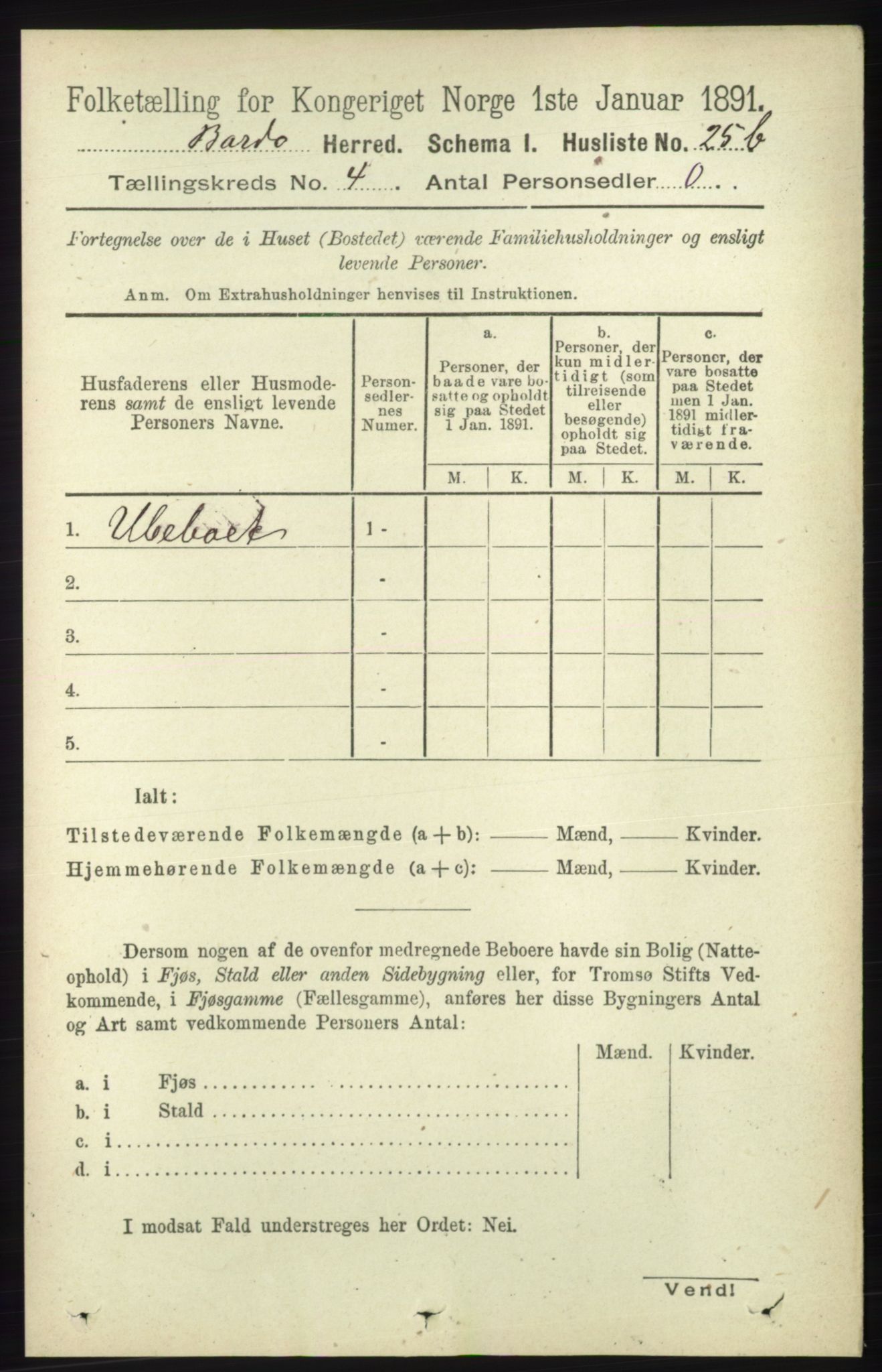 RA, Folketelling 1891 for 1922 Bardu herred, 1891, s. 1301