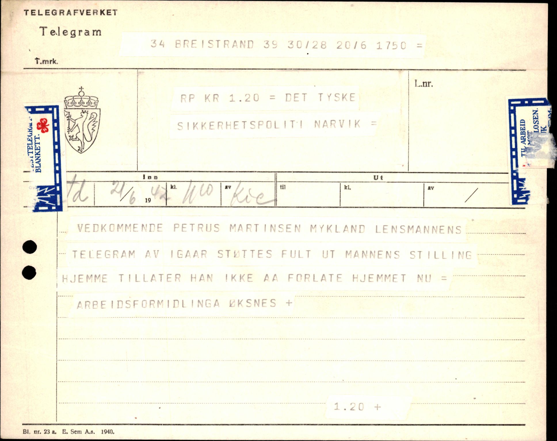 Forsvarets Overkommando. 2 kontor. Arkiv 11.4. Spredte tyske arkivsaker, AV/RA-RAFA-7031/D/Dar/Darc/L0003: Sicherheitspolizei (Sipo) i Narvik, 1941-1942, s. 151