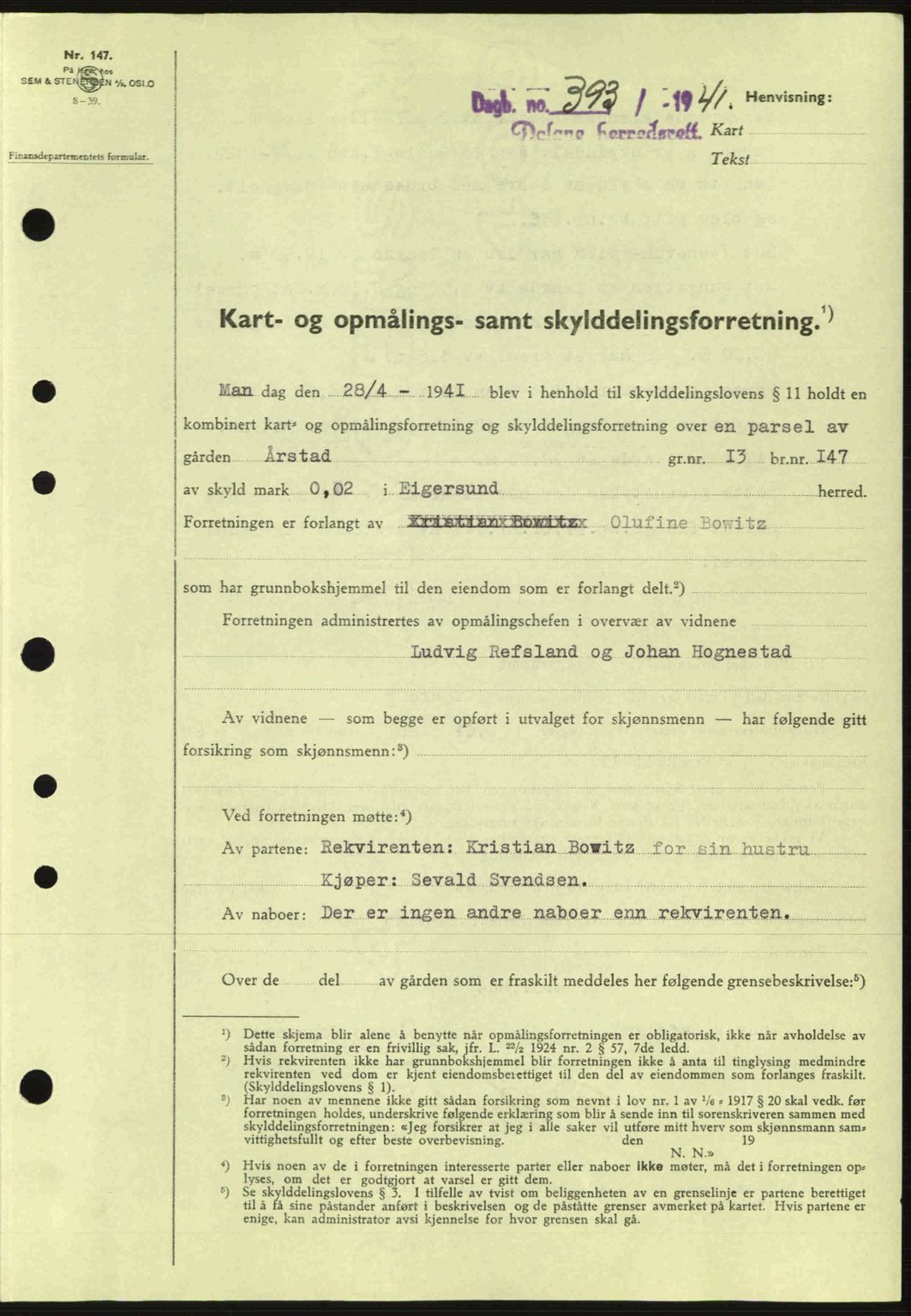Dalane sorenskriveri, SAST/A-100309/02/G/Gb/L0044: Pantebok nr. A5, 1940-1941, Dagboknr: 393/1941