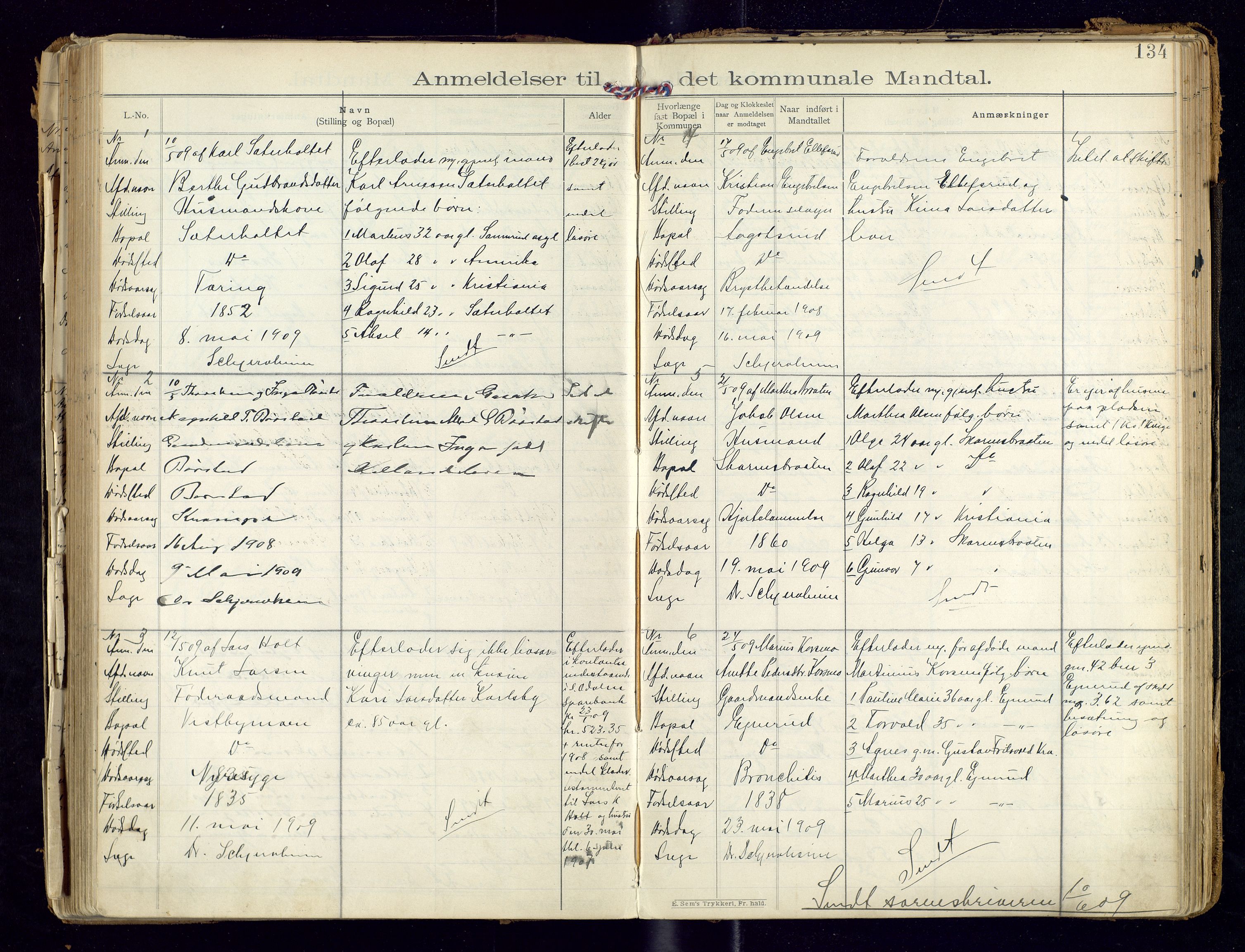 Sør-Odal lensmannskontor, SAH/LHS-022/H/Hb/L0001/0002: Protokoller over anmeldte dødsfall / Protokoll over anmeldte dødsfall, 1901-1913, s. 134