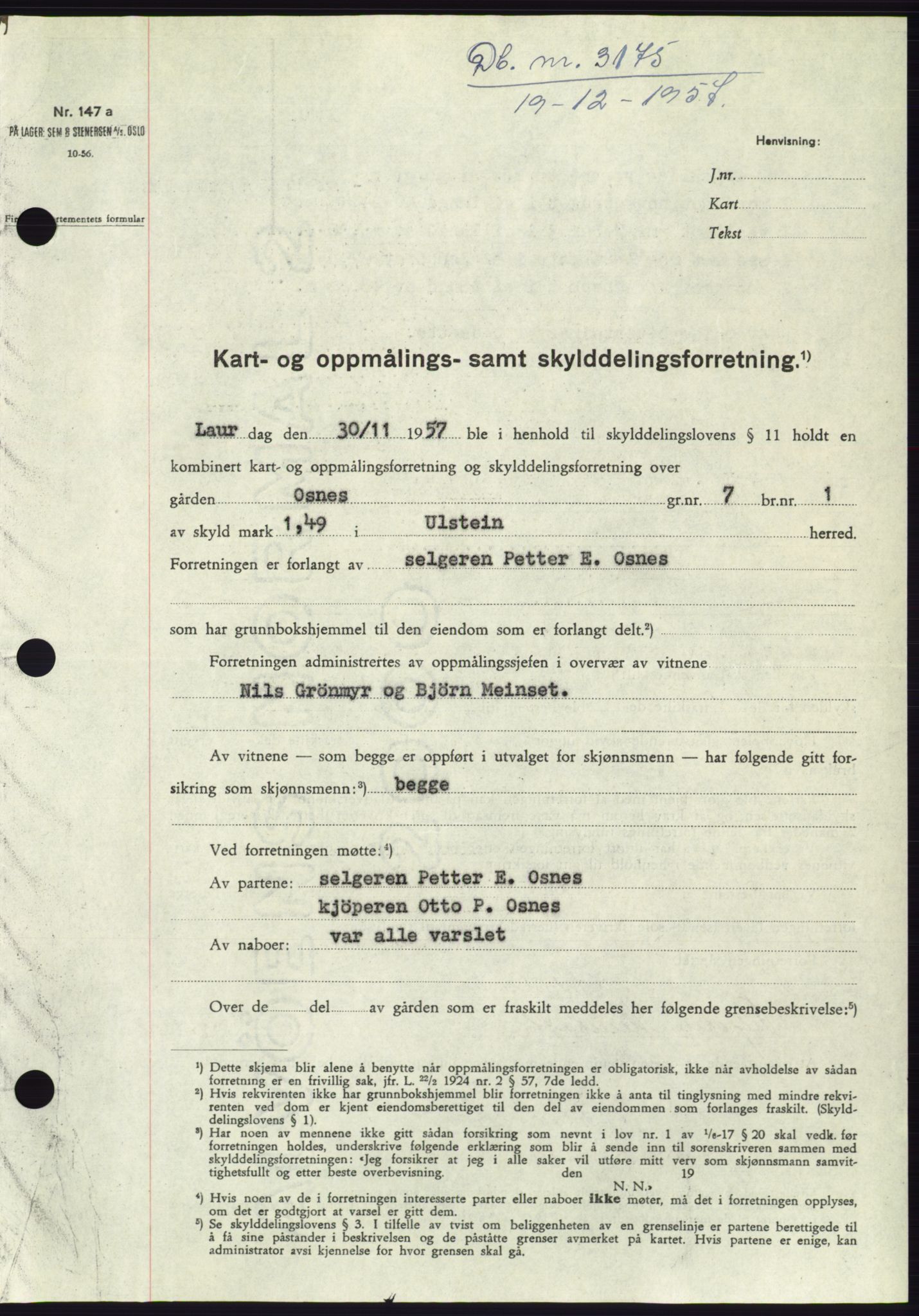 Søre Sunnmøre sorenskriveri, SAT/A-4122/1/2/2C/L0108: Pantebok nr. 34A, 1957-1958, Dagboknr: 3175/1957