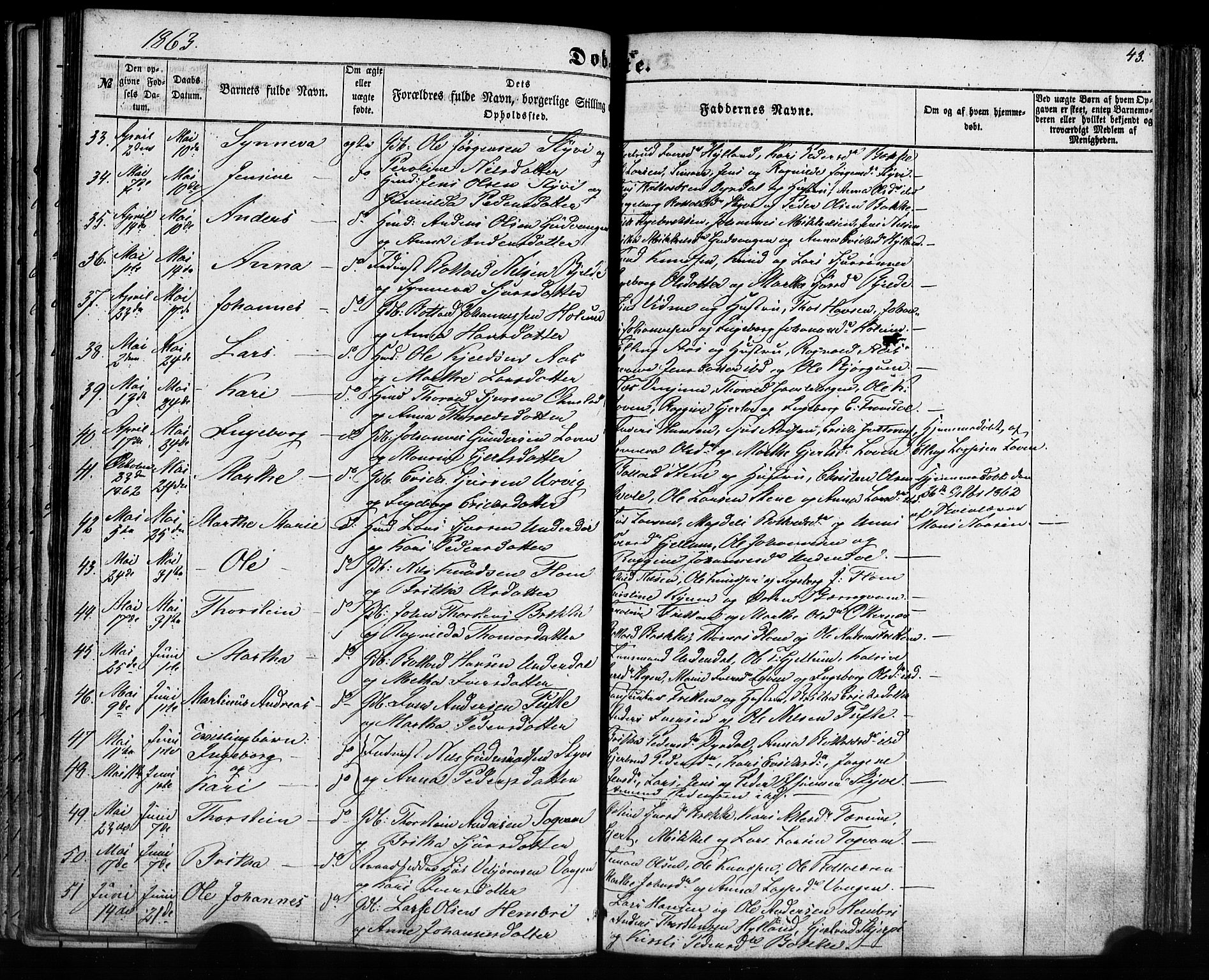 Aurland sokneprestembete, AV/SAB-A-99937/H/Ha/Haa/L0008: Ministerialbok nr. A 8, 1853-1879, s. 43